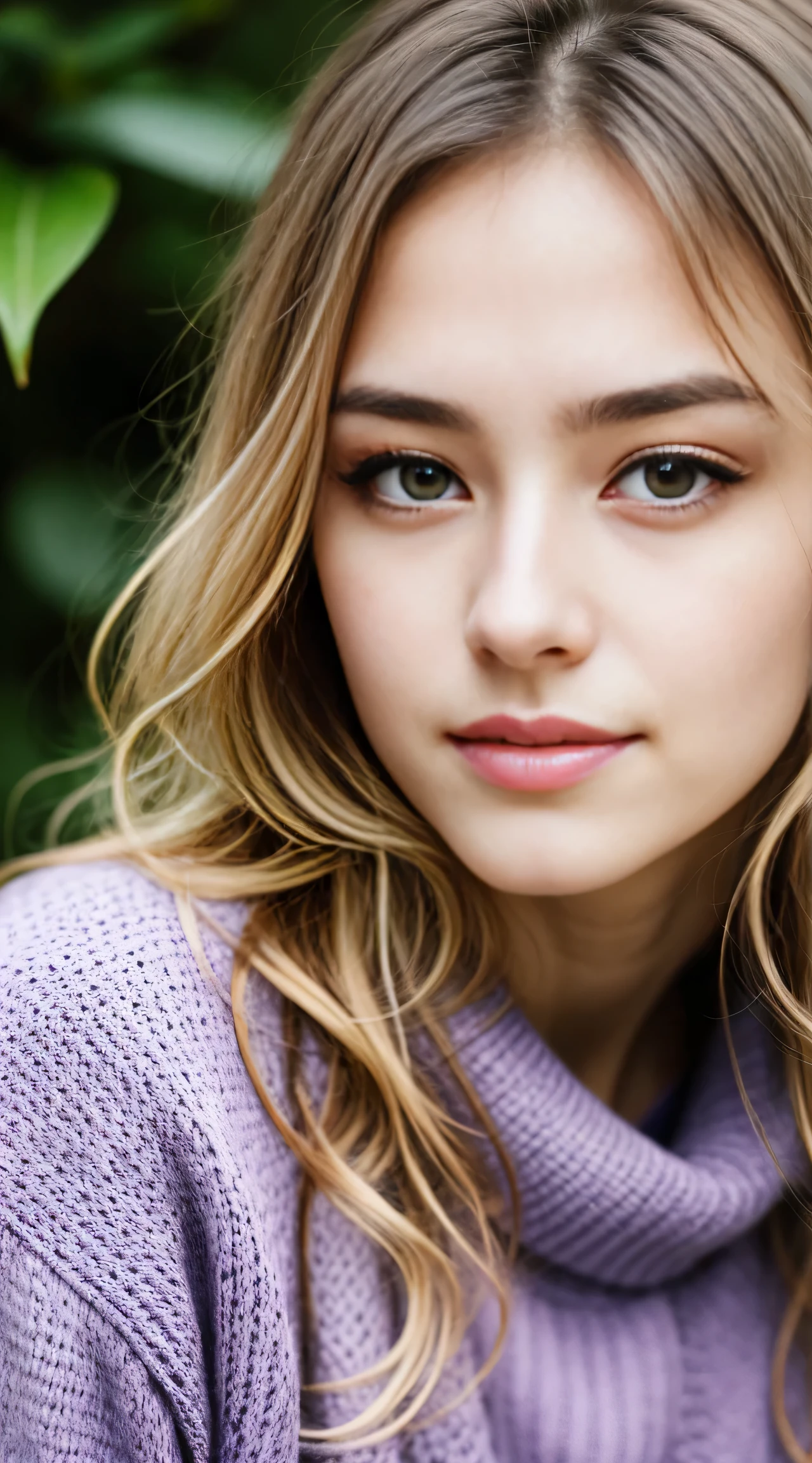 (Helena Lovista)美しい女性の見事なa picture, 24 year old, Perfect Fit Body, big Black eyes, long messy blond hair, Black eyes, (Beautiful blonde in a purple sweater), Very detailed, 24 year oldの, Innocent face, Natural wavy hair, Black eyes, hight resolutionであり, masutepiece, Best Quality, Intricate details, Highly detailed, Sharp Focus, Detailed skin, Realistic, Texture, Detailed eyes, Professional, 4K, A smile, Perfect Fit Body, Extremely detailed, a picture_\(Ultras\), photoRealistic, Realistic, Post-processing, Maximum Detail, Roughness, Real life, Ultras Realistic, Photorealism, a picture化, 8K UHD, a picture化 ,Hair ribbons, agnes cecile, portlate, extremely luminous bright design, PastelColors, (inky:1.3), autumn lights,  perfect  eyes, Perfect iris，Perfect lips，perfect teeth、​masterpiece, 最hightquality, hightquality, hight resolution