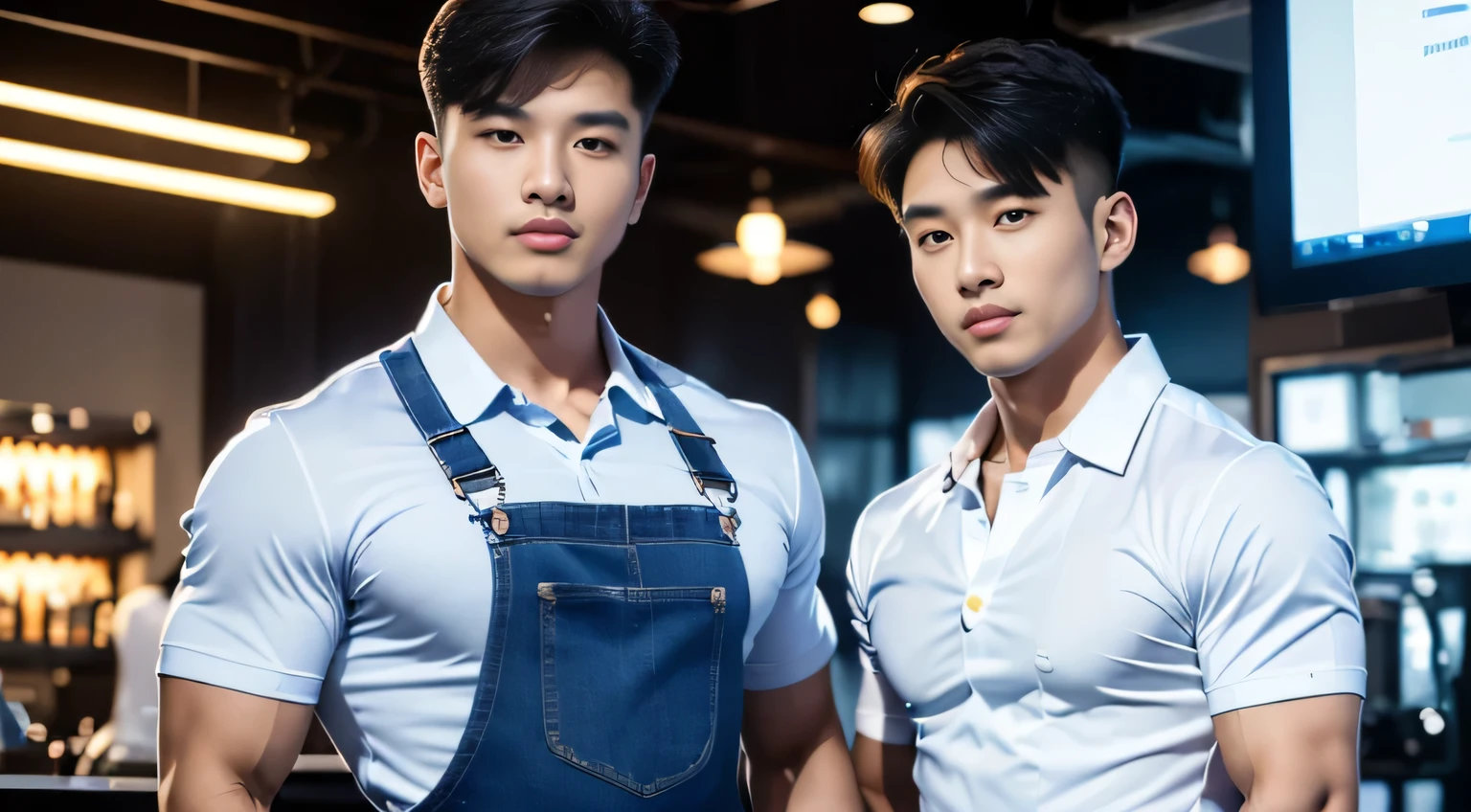 tmasterpiece: 1.2),(computer generated art:1.3),(actual:1.5),(Post-processing:1.3), (Focus Clear:1.3), 1人, (short sleeve tie suit), navy blue overalls, Young Koreans , Korean men, (high shadows detail), chest muscle, Big arm muscles, blood vessel, large muscle, Wide shoulders, looking at viewert, balance eyes, nightclub, Liman, cafe shop