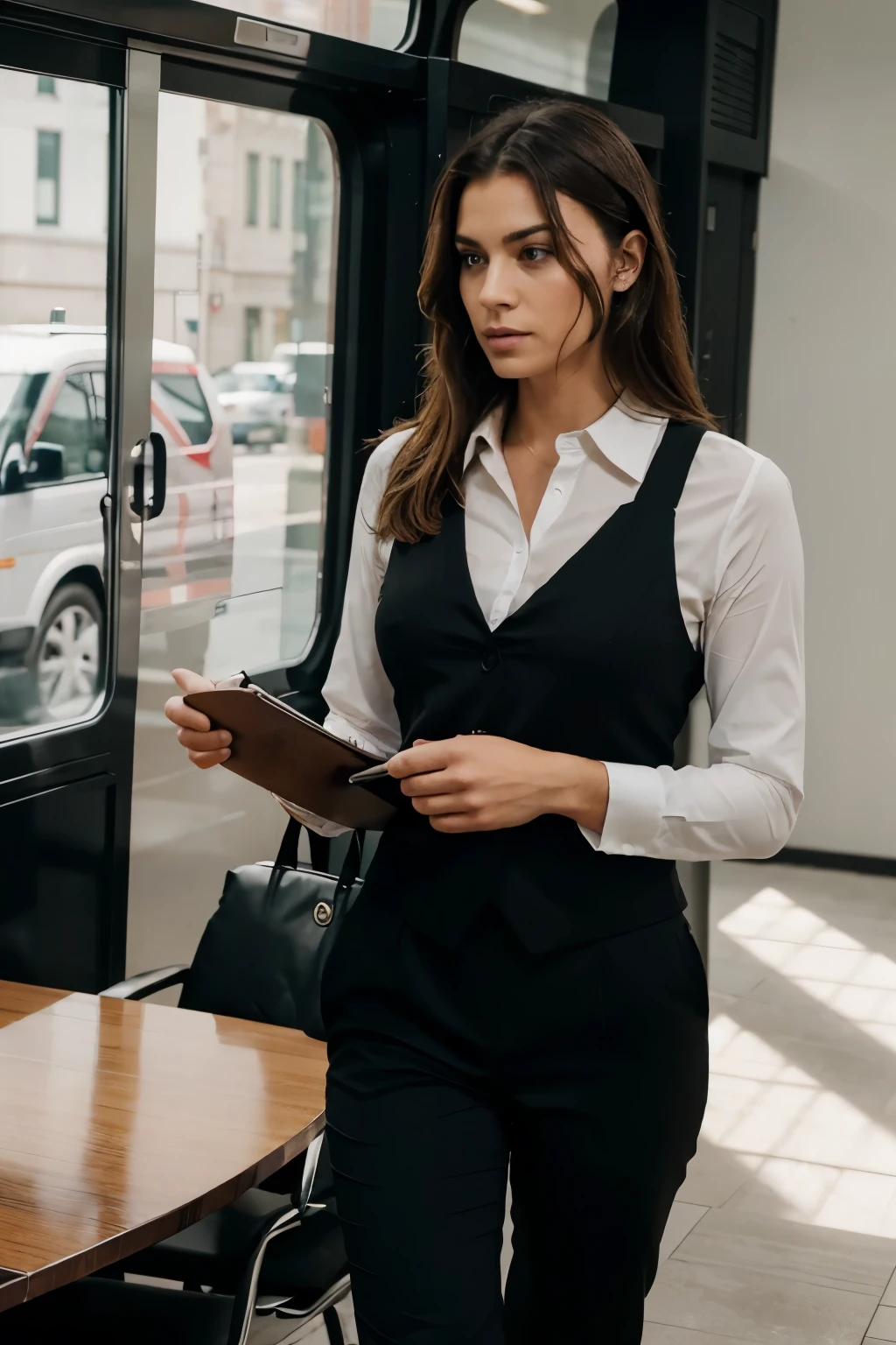 Emasculate, dominant confident man with that huge shoulders well tamper with the bus cut haircut wearing a black suit walking into the meeting as well as people sitting in the table
