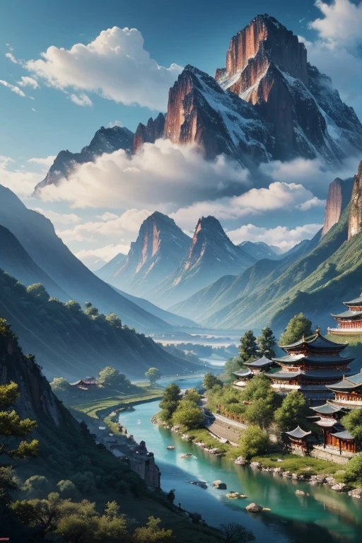 Ancient Chinese scenery, mountains, rivers, auspicious clouds, sunshine, masterpieces, super detail, epic composition, ultra HD, high quality, extremely detailed, official art, unified 8k wallpaper, Super detail, 32k -- v 6