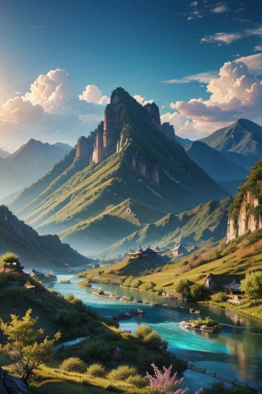 Ancient Chinese scenery, mountains, rivers, auspicious clouds, sunshine, masterpieces, super detail, epic composition, ultra HD, high quality, extremely detailed, official art, unified 8k wallpaper, Super detail, 32k -- v 6