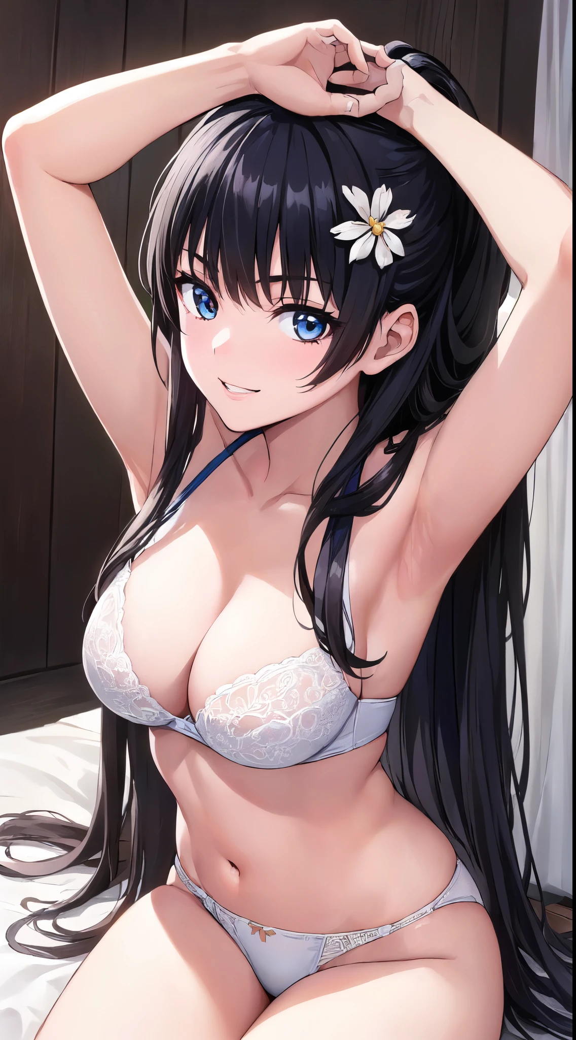 (Perfect hands, Perfect Anatomy:1.4), Satin Ruiko, (Hairstyle is a hime-cut:1.5),(Black hair:1.4), Blue eyes,(A dark-haired:1.4),(Long hair:1.4),(Long straight hair:1.4), (Hair Ornament:1.4), (1 white flower decoration:1.4),(Tsurime:1.4),(parted_Lips:1.4),(Cowboy Shot:1.4),(Large breasts:1.4),(Spread legs:1.0),(Hands behind the head:1.4),(best detailed girl:1.4),
(Evil smile:1.4),(Sitting on the edge of the bed),(20yr old:1.3),
(Looking at Viewer:1.3),(View from below:1.1),(White underwear:1.4),(very beautiful pure white underwear:1.4),
(in a house,Bedroom:1.4),
BREAK (hime-cut:1.4),(​masterpiece:1.5),(very precise details,Ultra High Resolution:1.4),extremely details CG Unity 8K wallpaper,(Realistic,Photorealsitic,hyper realisitic:1.5),(Curve,Model,Farbe care:1.5),Beautiful breasts,Farbe_aberration,beautiful detailed shadow,Beautiful eyes,Beautiful body,Beautiful skin,beautifull hands,(Aesthetic Anime Eyes:1.4), (The hairstyle is hime-cut:1.5),
 (Illustration:0.8), (Beautiful detailed eyes:1.4), extra detailed face, Perfect Lighting, extremely details CG, (Perfect hands, Perfect Anatomy:1.4),