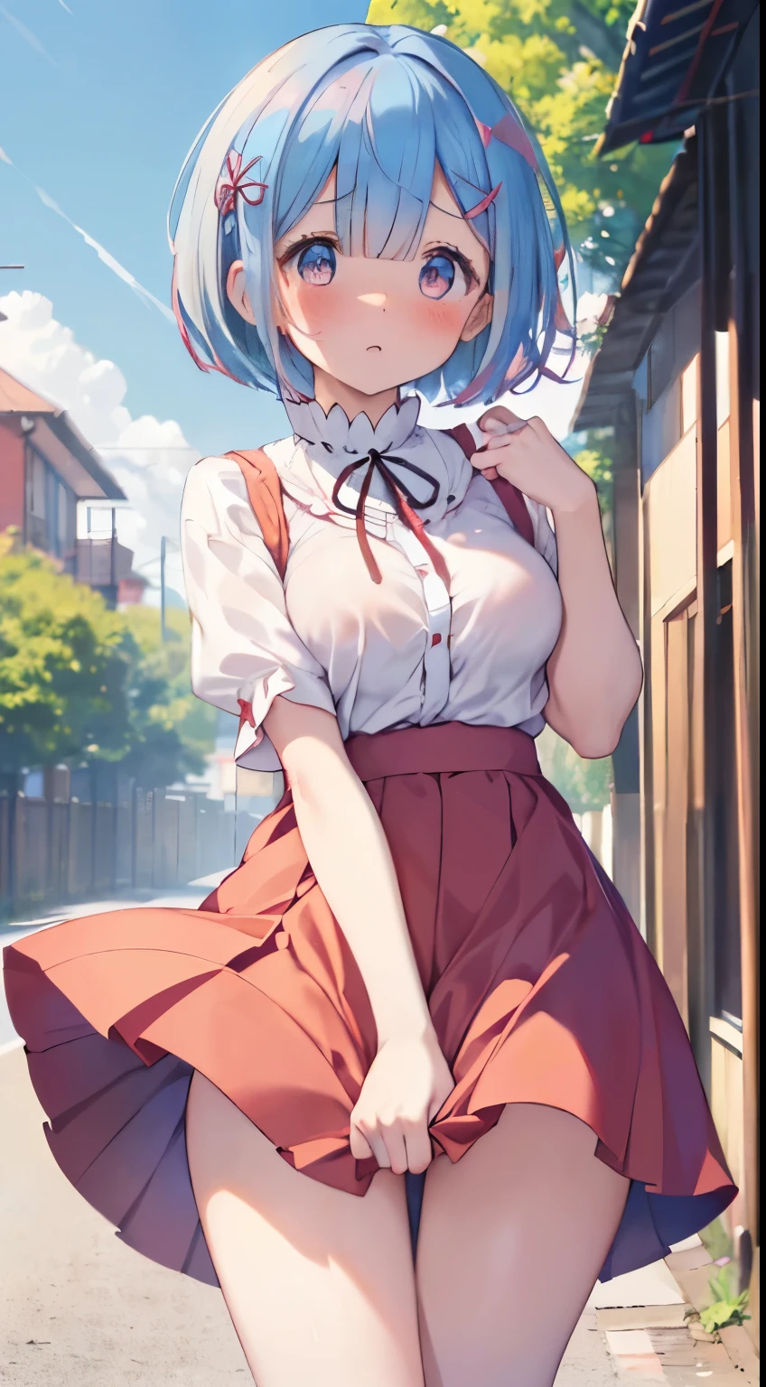 1womanl,Brown hair,Red ribbons ,((Surprised look)),Beautiful breasts,White shirt,Red dress,well-styled,,(Facing the front)(((Blushing cheeks、embarassed expression)),(((The skirt is rolled up by the wind)))、Blue-haired、Long bob cut、Rem of Rezero、No panties、No panties、No bra