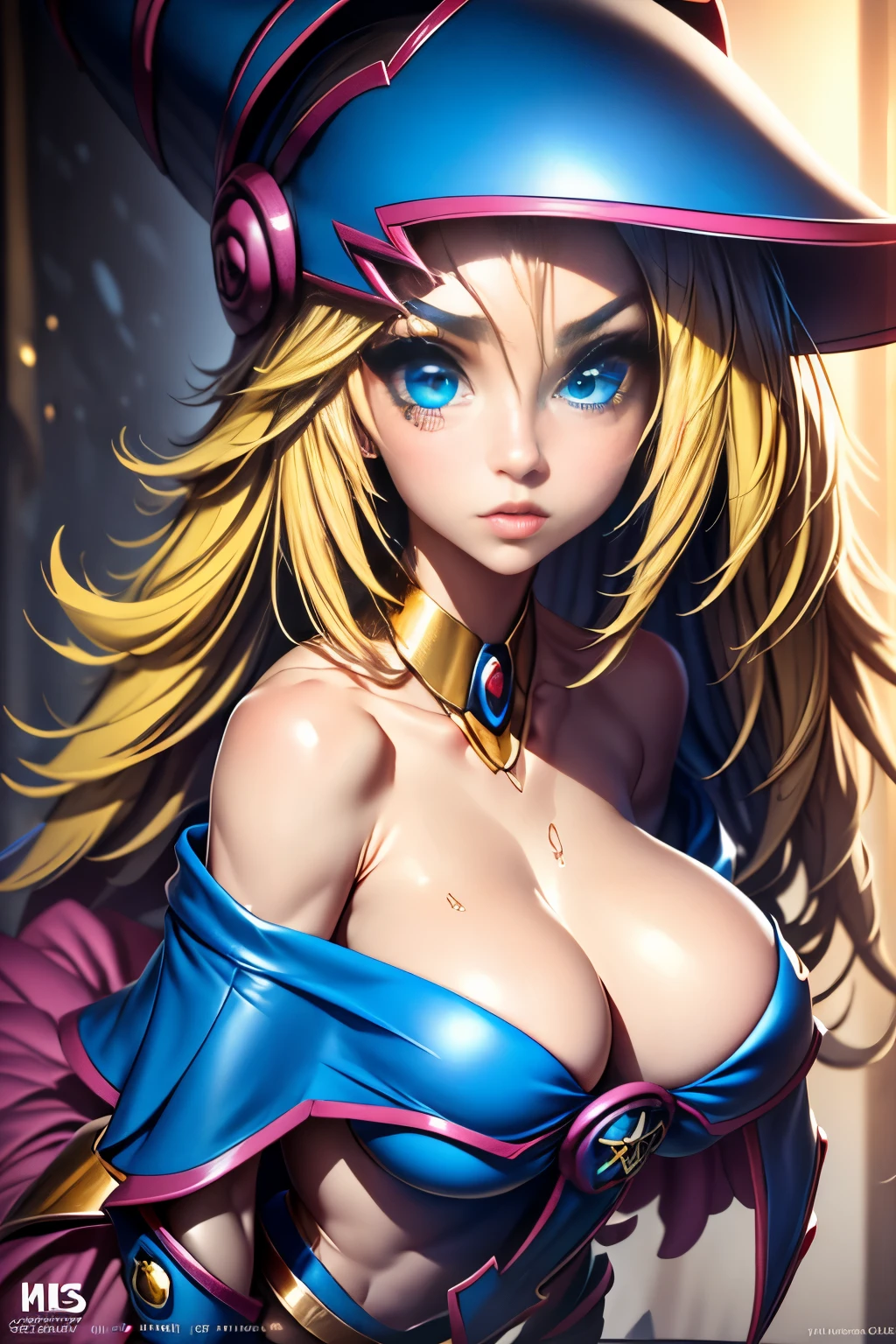 mejor calidad, obra maestra, cabello rubio, ojos azules, mirando hacia arriba, parte superior del cuerpo. Dark magician gils. Rostro de Diosa.