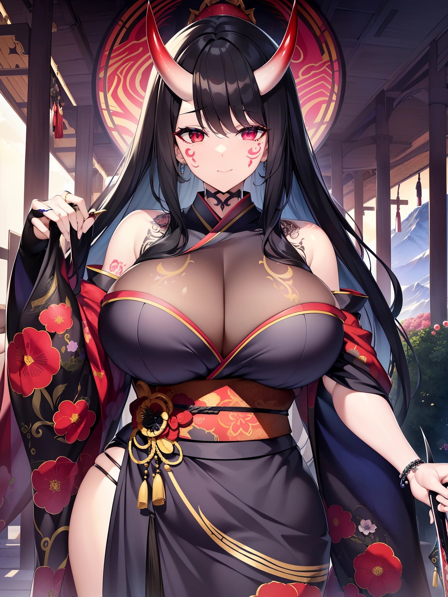 (Photorealsitic:1.3), masterpiece, top-quality, (intricate detailes:1.2), (landscapes:1.3), 美丽的面容, (Black theme:1.3), (((1 Colossal Mature Woman、Big-breasted mature woman in a patterned kimono holding a dagger in her hand、(Take a look at Veiwer:1.3)、(face tattoos:1.2)、Big Demon Horn、 )))、full bodyesbian、Split in half