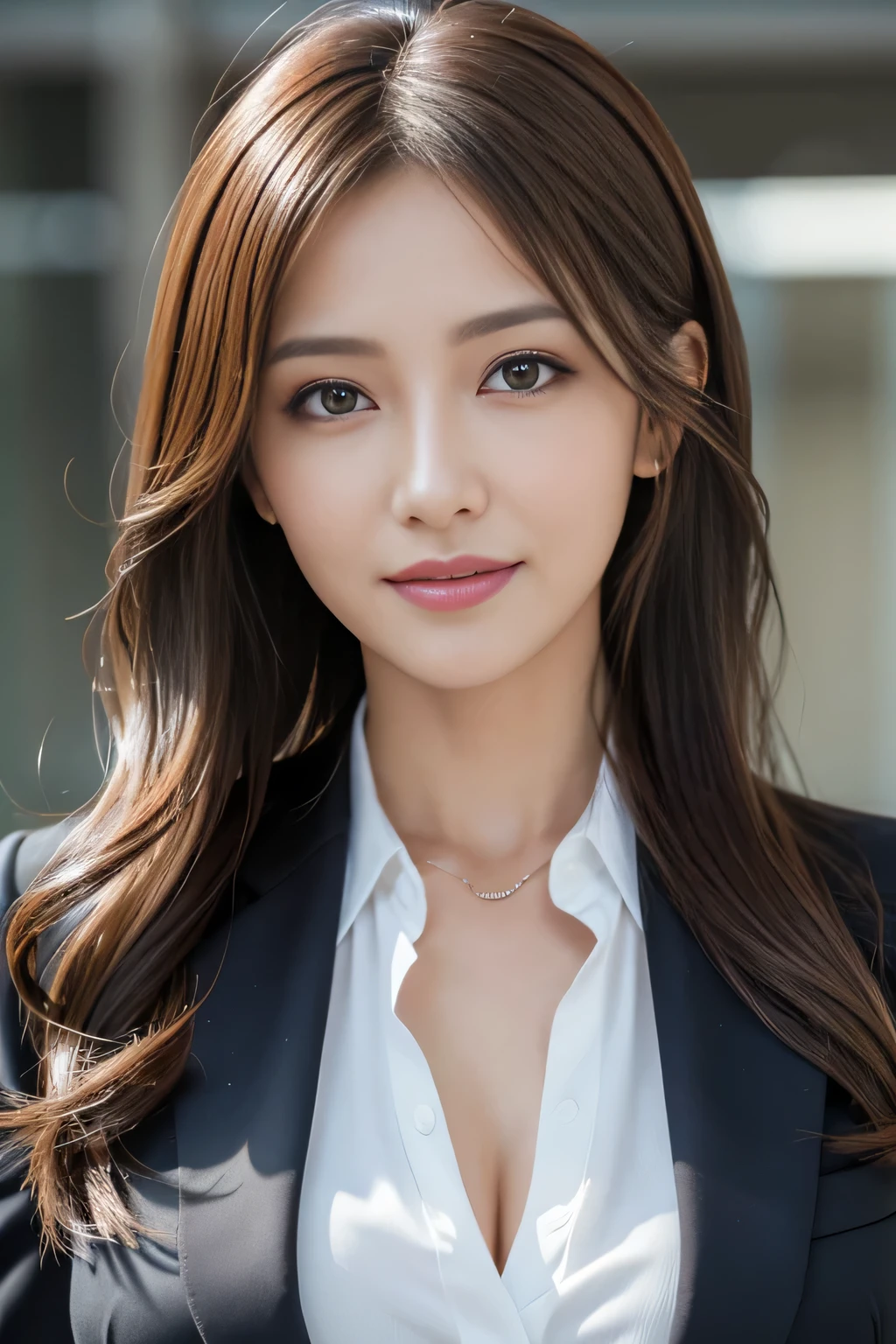 masutepiece, Best Quality, Photorealistic, Ultra-detailed, finely detail, High resolution, 8K Wallpaper, 1 beautiful woman,, light brown messy hair, in a business suit, foco nítido, Perfect dynamic composition, Beautiful detailed eyes, detailed hairs, Detailed realistic skin texture, Smiling, Close-up portrait, Model body type