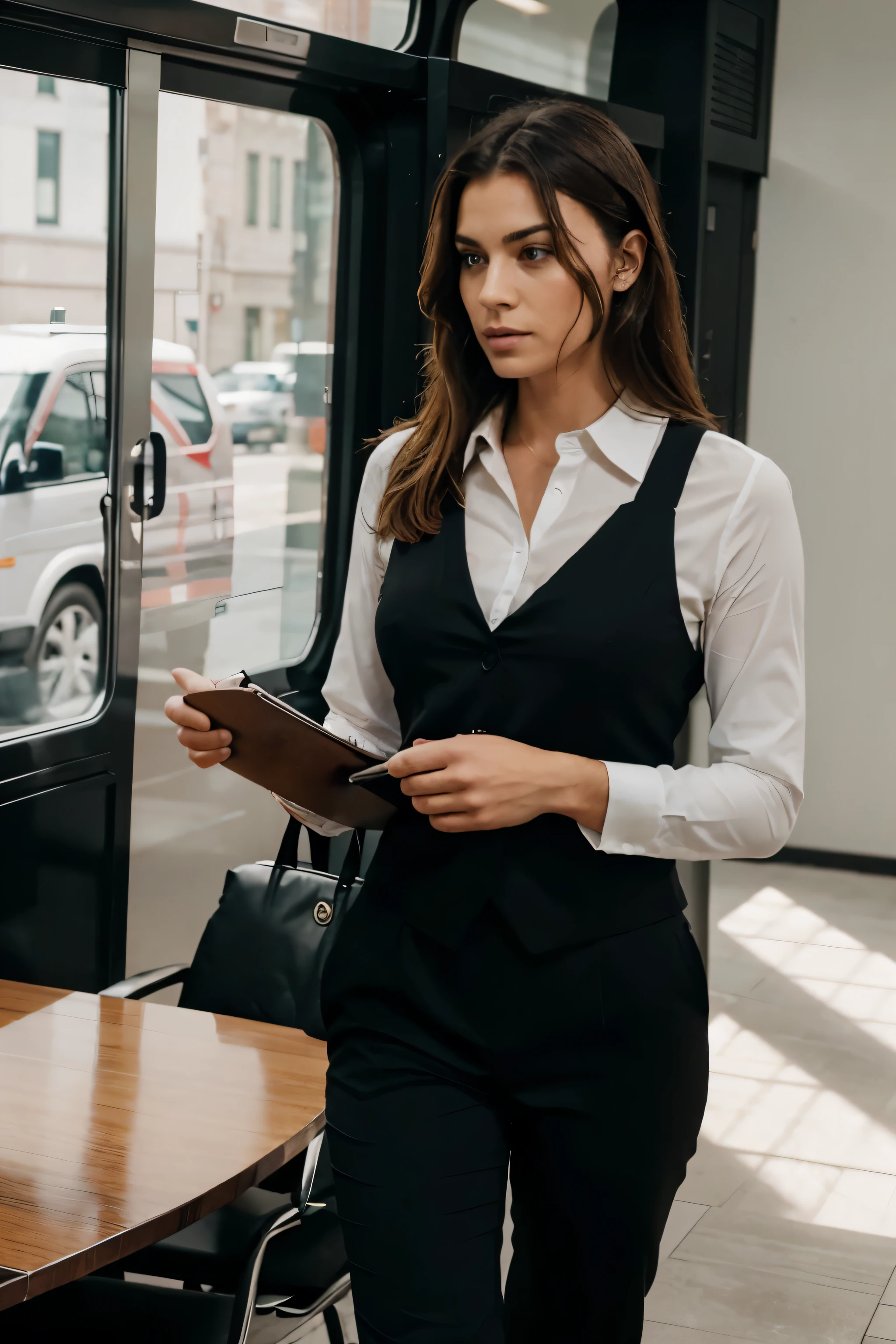 Emasculate, dominant confident man with that huge shoulders well tamper with the bus cut haircut wearing a black suit walking into the meeting as well as people sitting in the table