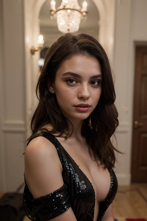 ((best quality)), ((masterpiece)), (detailed), perfect face realistic photo of beautiful woman with long dark brown hair, Russian, influencer, light freckles, dark brown eyes, big lips, no makeup, instagram, in a black dress, by Silvia Pelissero, tumblr, long luxurious flowing gown, 🤬 🤮 💕 🎀, detached sleeves, velvet, !!! haute couture!!!, low cut dress, rips, professionally done, dressed in a beautiful, highly a detailed, 2021, extremely polished, very very very realistic, the best