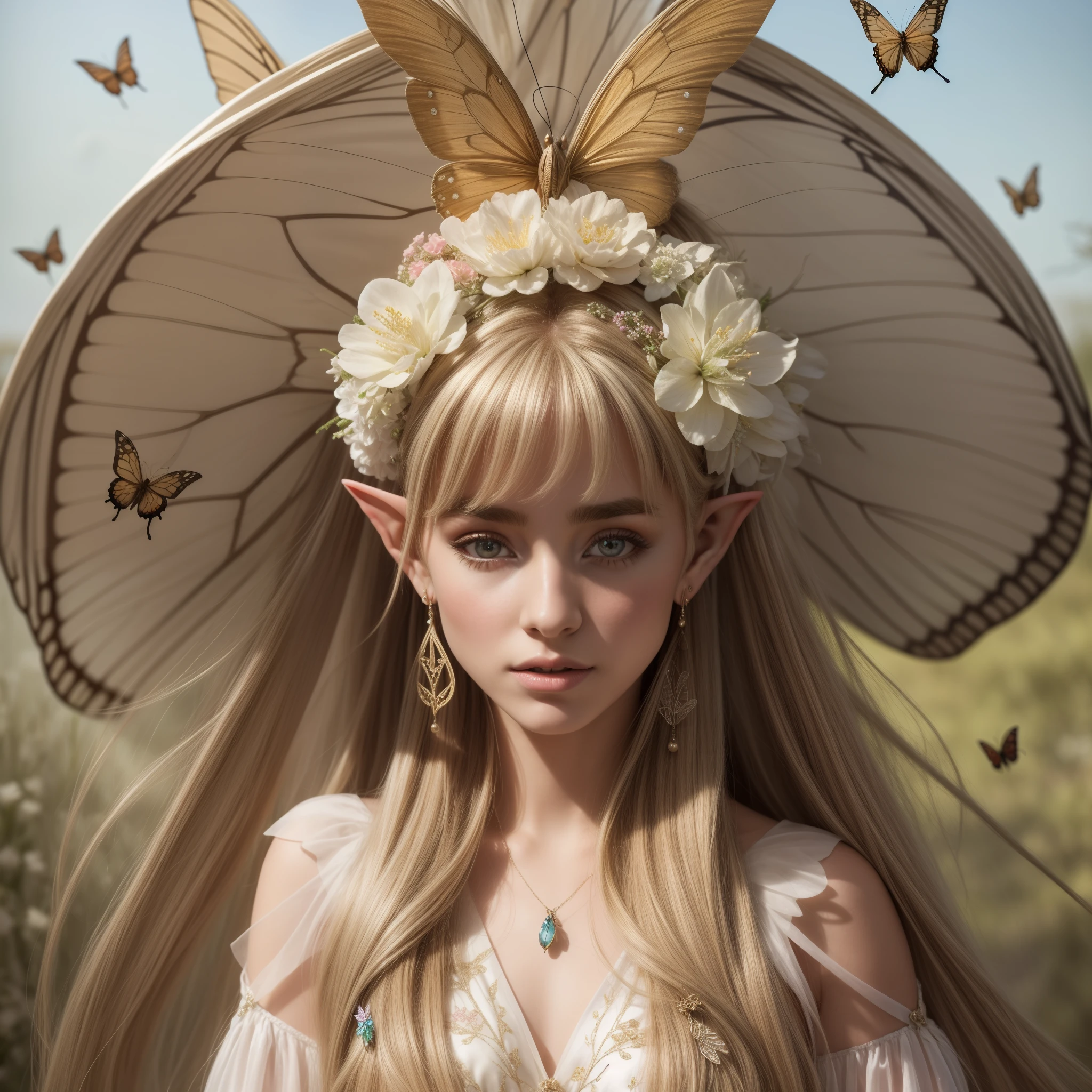 A beautiful young elf with long flowing blonde hair with bangs, silky skin, beautiful eyes, beautiful lips, wearing earrings, ornaments in her hair, with two butterfly wings behind her head, wearing beautiful light silk dress, with bouquets of flowers in on both sides, and in the background, butterflies flying around and under her head, beautiful hyperrealistic butterfly elf, photorealistic adorned elf, beautiful spring elf with intricate details. .