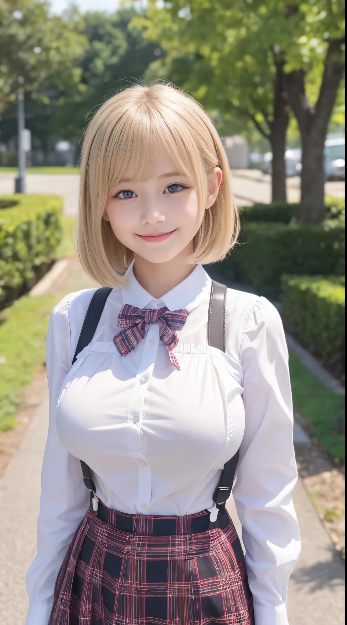 little young girl.................,, in front of the school、Connect to skirt with suspenders、White shirt with long sleeves、Plaid skirt、Lori, , sakimichan,, nice and cute, Innocent smile,  , Lovely smile, sakimichan HDRI、loli big boobs、,(Huge breasts:1.20),(Beauty Big 1:1)、a blond、a blondの髪、Blue eyes、little girl with short bob、Pose cutely