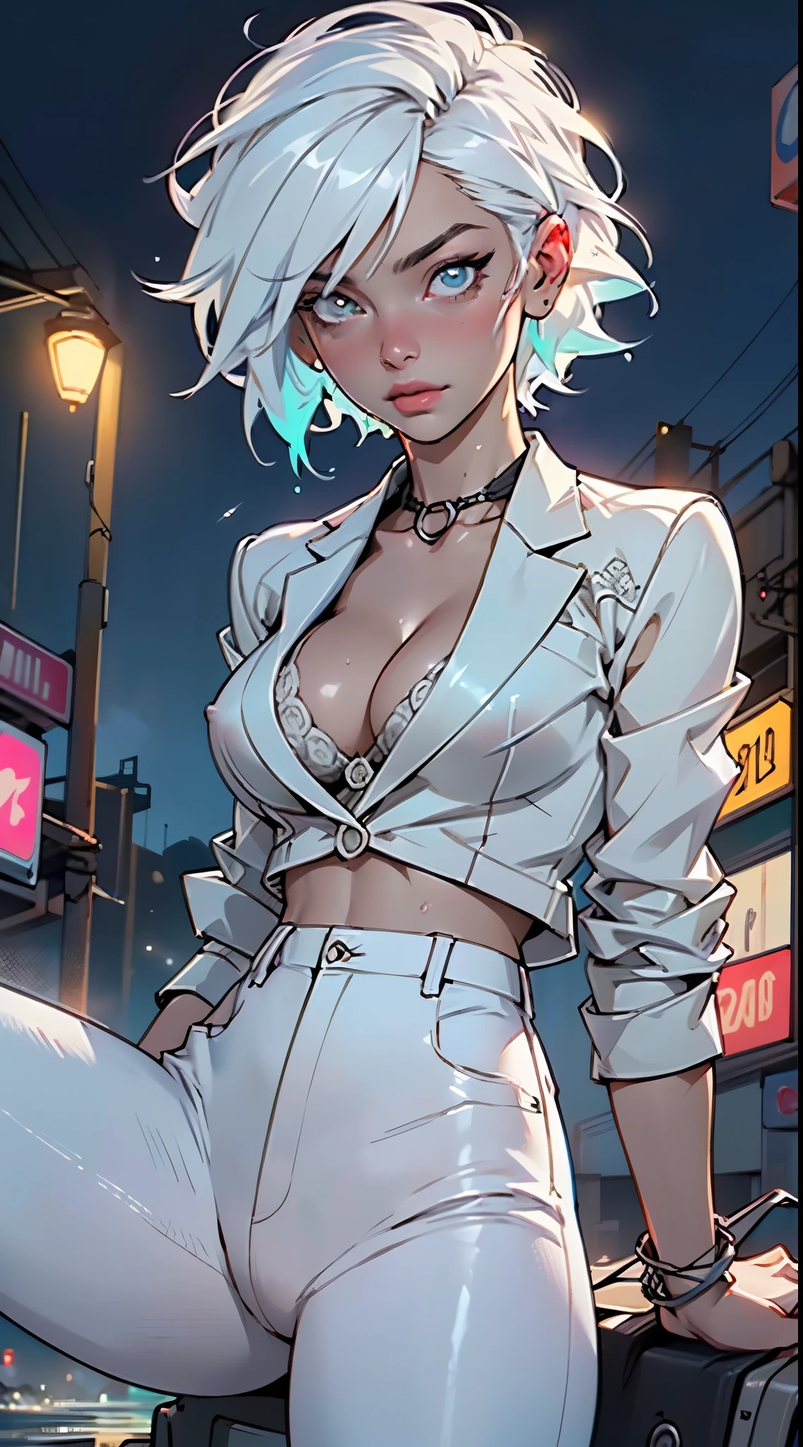 cute albino girl,(((1girl))),((albino girl with extremely cute and beautiful white hair)),
(small breasts:1.4),(((white hair:1.35,colored inner hair,ear breathing,small white hair,tomboy haircut))),((heterochromia:1.5, (aqua_eye and white_eye))),intricate eyes,beautiful detailed eyes,symmetrical eyes,((fat)),(((pale skin,lustrous skin:1.5,bright skin: 1.5,shiny skin,very shiny skin,shiny body,plastic glitter skin,exaggerated shiny skin,illuminated skin,wet legs))),(spider lower abdomen,narrow waist,wide hip,athletic body,inflated legs, thick thighs,detailed body,(detailed face)),
cute,slutty,seductive,erotic,(((nsfw))),
(((wearing white formal blazer,white pants,))),(((huge cleavage))),((wet clothes,intricate outfit,intricate clothes)),
(dynamic pose:1.0),solo focus,embarrassed,(centered,scale to fit dimensions,Rule of thirds),
cyberpunk city by the ocean at night, with bright neon signs and dark stormy clouds and puddles, scenery:1.25,nighttime, starry night, cosmos,Very dark night that makes the neon lights stand out, very bright neon lights,nighttime, starry night, cosmos,
artistic photography,(photography taken by sldr),highres, sharp focus,(ultra detailed, extremely detailed), (photorealistic artwork:1.37),(extremely detailed CG unity 8k wallpaper),((synthwave background theme)),(((vibrant colors))),intricate,(intricate background),(masterpiece),(best quality),perfect rendered face,perfect face details,realistic face,photo realistic,analog style,((intricate detail)),(((realism))),