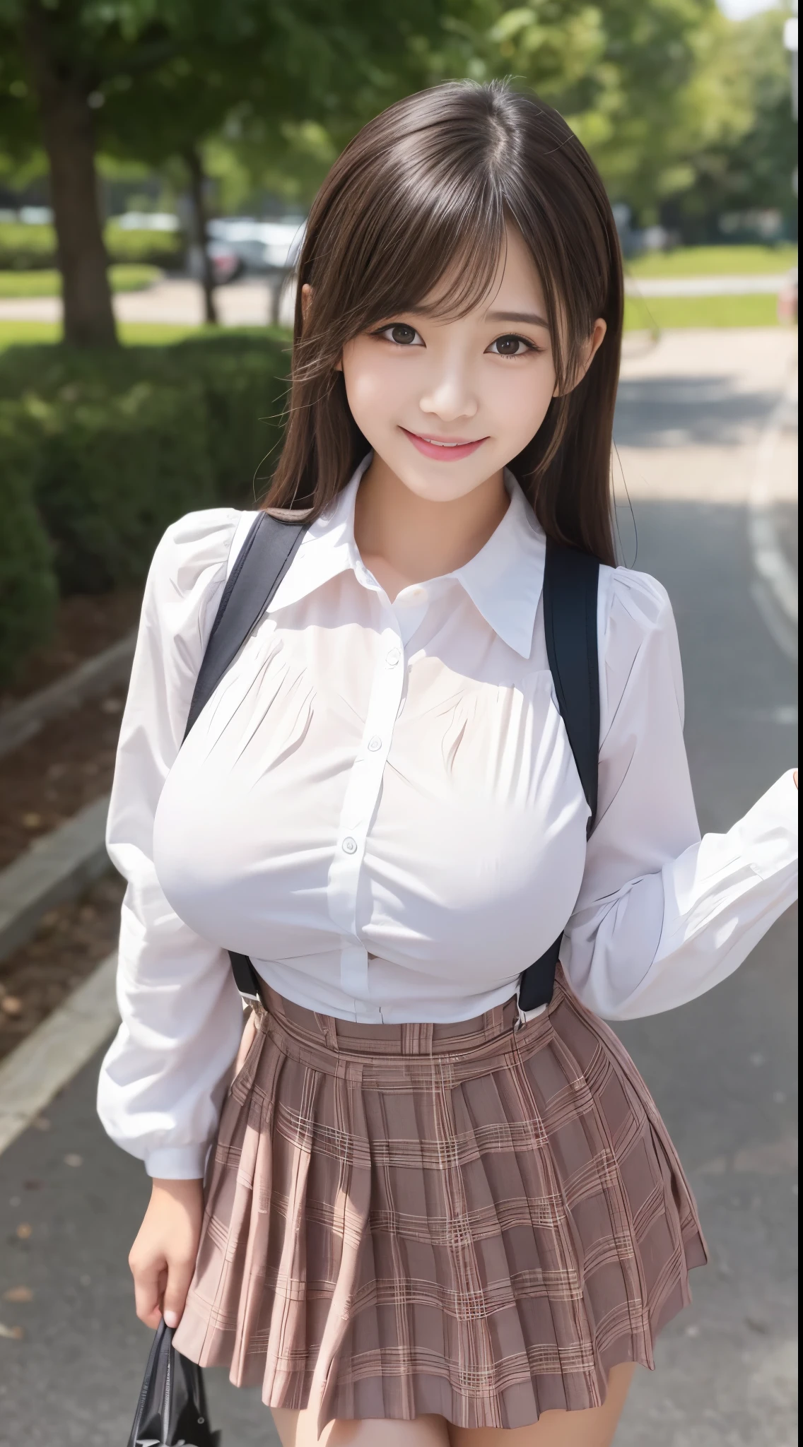 girl.................,, in front of the school、Connect to skirt with suspenders、White shirt with long sleeves、Plaid skirt、Lori, , sakimichan,, nice and cute, Innocent smile, , Lovely smile, sakimichan HDRI、loli big boobs、,(Huge breasts:1.20),(Beauty Big 1:1)、A dark-haired、Beautiful eyes、little girl hort bob、Pose cutely