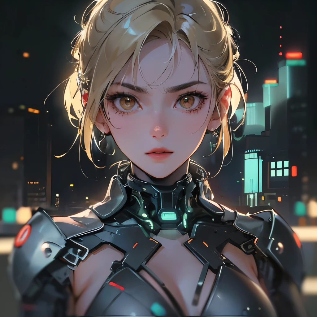 (masterpiece), 8k cg, stunningly beautiful girl, intricate details, chromatic aberration, ((bust shot)), ((looking at viewer)), 1woman, (blonde hair, brown eyes, tight suit, cybernetic suit, Android), emotionless, woman, absurdres, cinematic lighting, dynamic lighting, fantasy, ((dark background, fog))