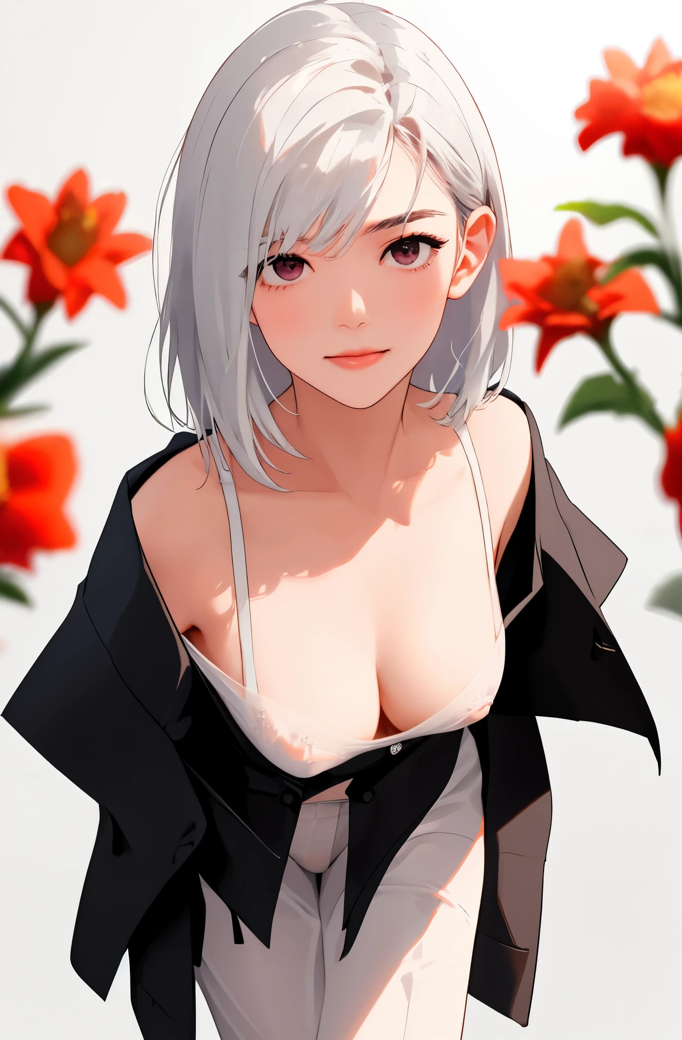 top-quality、masterpiece、ultra-detailliert、The ultra -The high-definition、1womanl、独奏、25-years old、(Soft bust:1.2)、cleavage of the breast、(Sheer white clothes:1.3)、Leaning forward、(White highlights of the pupil:1.2)、(darkred eyes)、(Look at viewers:1.2)、de pele branca、Textured skin、Silvery hair、Medium Hair、red blush、Naughty look、A slight smil、(Blur the background a lot to make the woman stand out:1.3)、(Beautiful flowers)、(Sunlight)