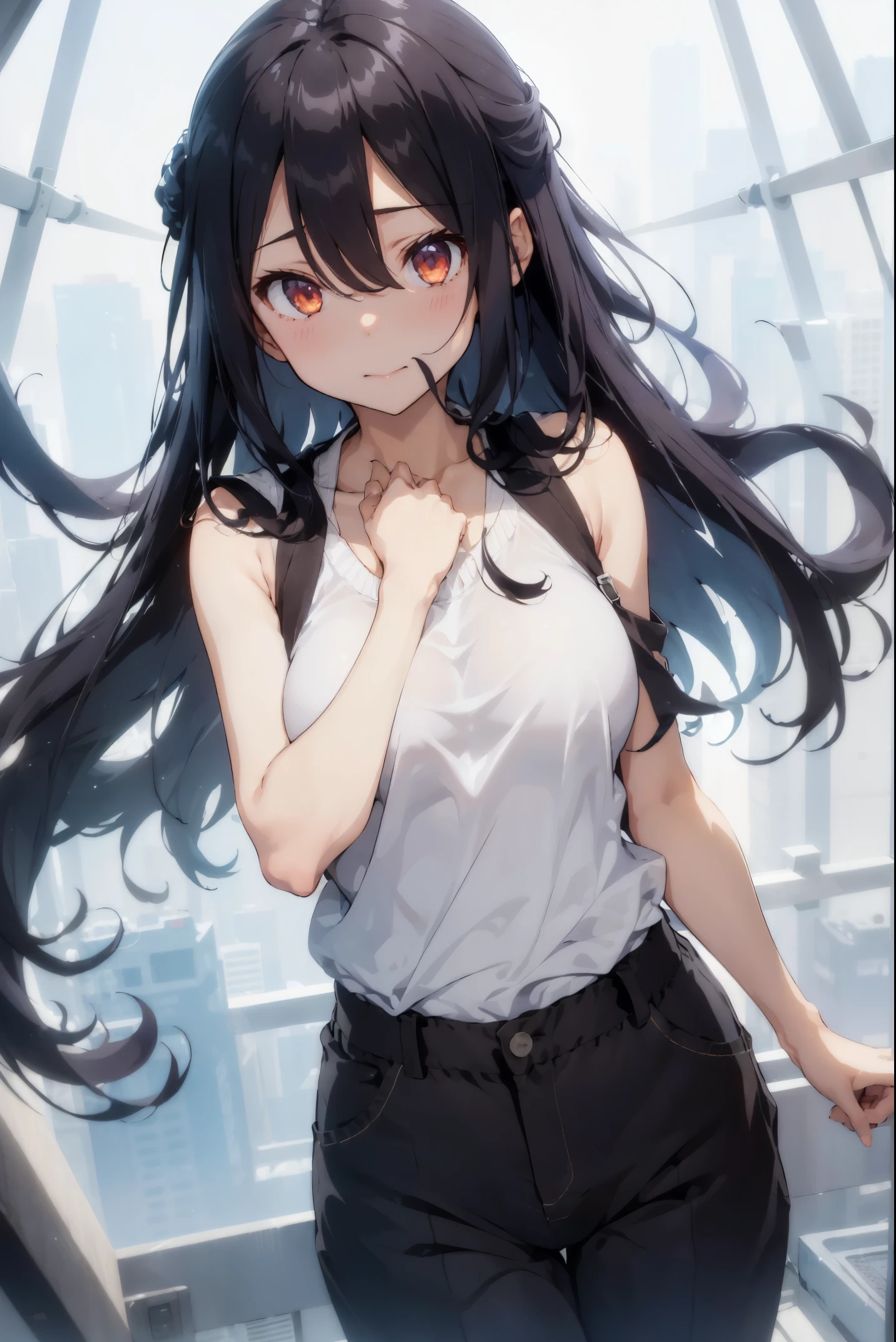 1 girl, By bangs, of shoulders, black trouser, titmouse, 巨大的titmouse squeezed together, grey Background with, hair between eye, huge , long whitr hair, looking at viewert, trouser, Open, red eyes, The shirt, Background with, Sleeveless, Sleeveless The shirt, Alone, high-necksweater, V臂, White hair,actual, (Glossy glossy skin),(tmasterpiece:1.4),(Best quality at best:1.4)