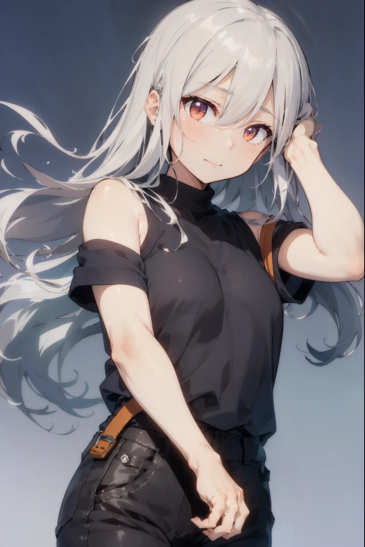 1 girl, By bangs, of shoulders, black trouser, titmouse, 巨大的titmouse squeezed together, grey Background with, hair between eye, huge , long whitr hair, looking at viewert, trouser, Open, red eyes, The shirt,  Background with, Sleeveless, Sleeveless The shirt, Alone, high-necksweater, V臂, White hair,actual, (Glossy glossy skin),(tmasterpiece:1.4),(Best quality at best:1.4)