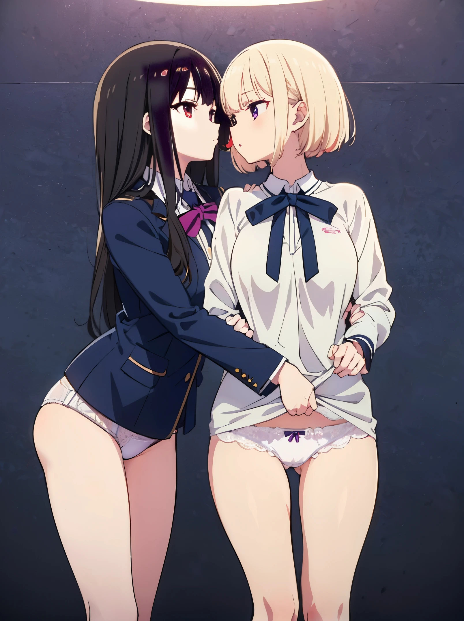 NSFW,(masterpiece), (best quality),lycoris,Chisato+takina,
2girls,hug each other,kiss each other,clothed,school uniform ,(((right girl is purple eyes,right girl is black long hair))), (((left girl is red eyes,left girl is blonde short hair))),Best proportions,cowboy shot, ,Her thin legs are so cute.,Very beautiful long legs.,white thighhig,white lace panties,Intertwining legs each other