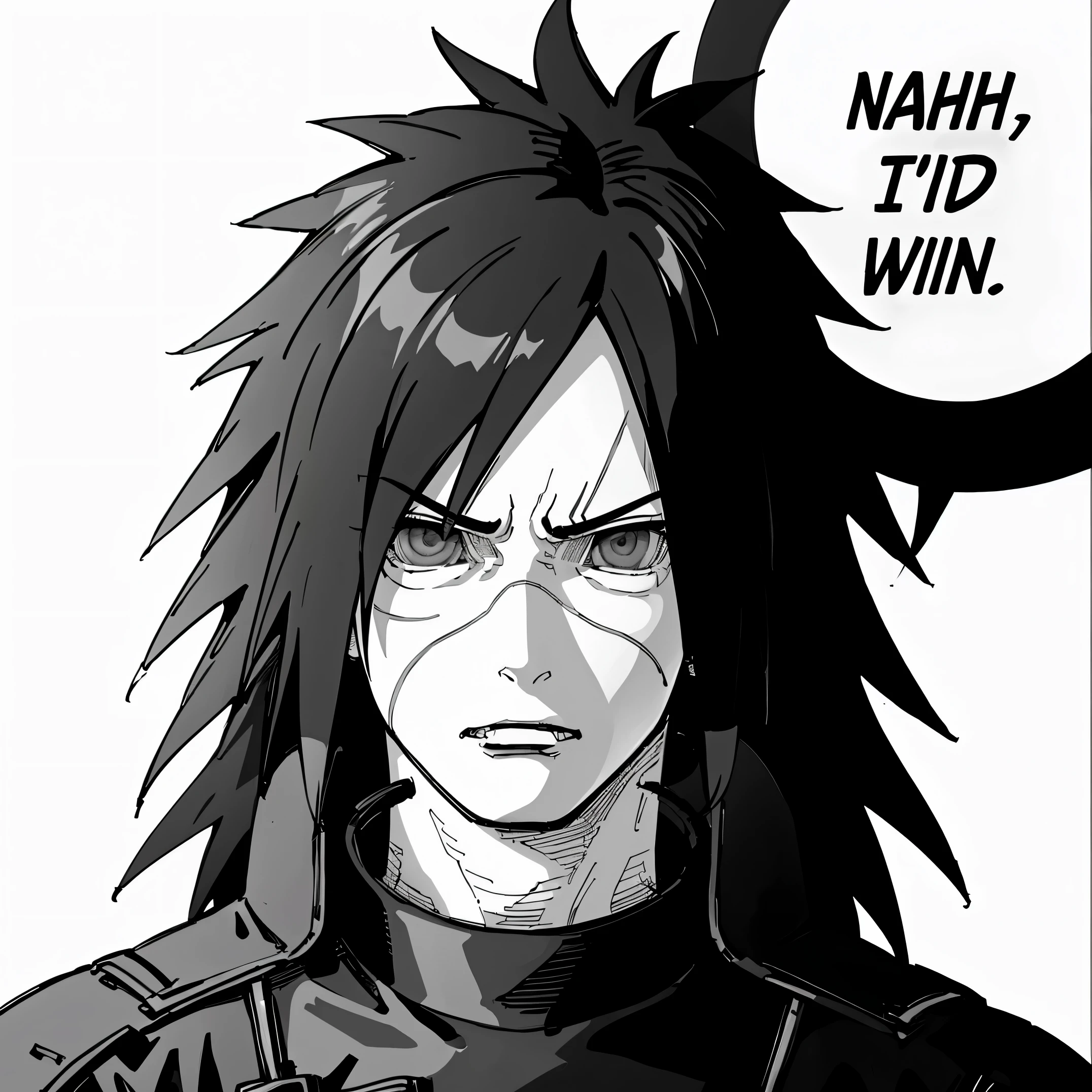 (masterpiece, best quality:1.2), monochrome, greyscale, nahidwin, speech bubble, english text, solo, male focus, 1boys, madara uchiha, angry,