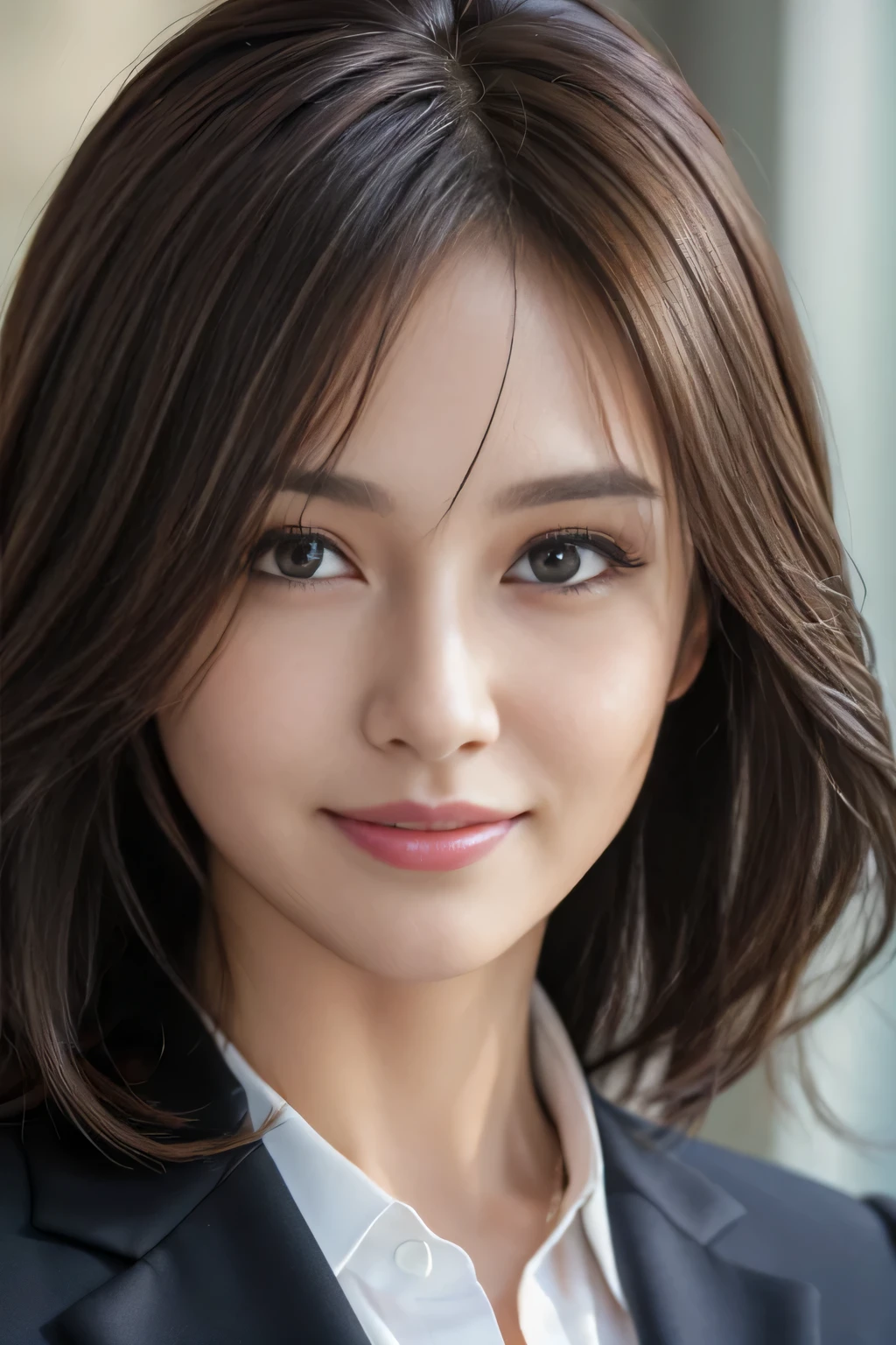 masutepiece, Best Quality, Photorealistic, Ultra-detailed, finely detail, High resolution, 8K Wallpaper, 1 beautiful woman,, light brown messy hair, in a business suit, foco nítido, Perfect dynamic composition, Beautiful detailed eyes, detailed hairs, Detailed realistic skin texture, Smiling, Close-up portrait, Model body type
