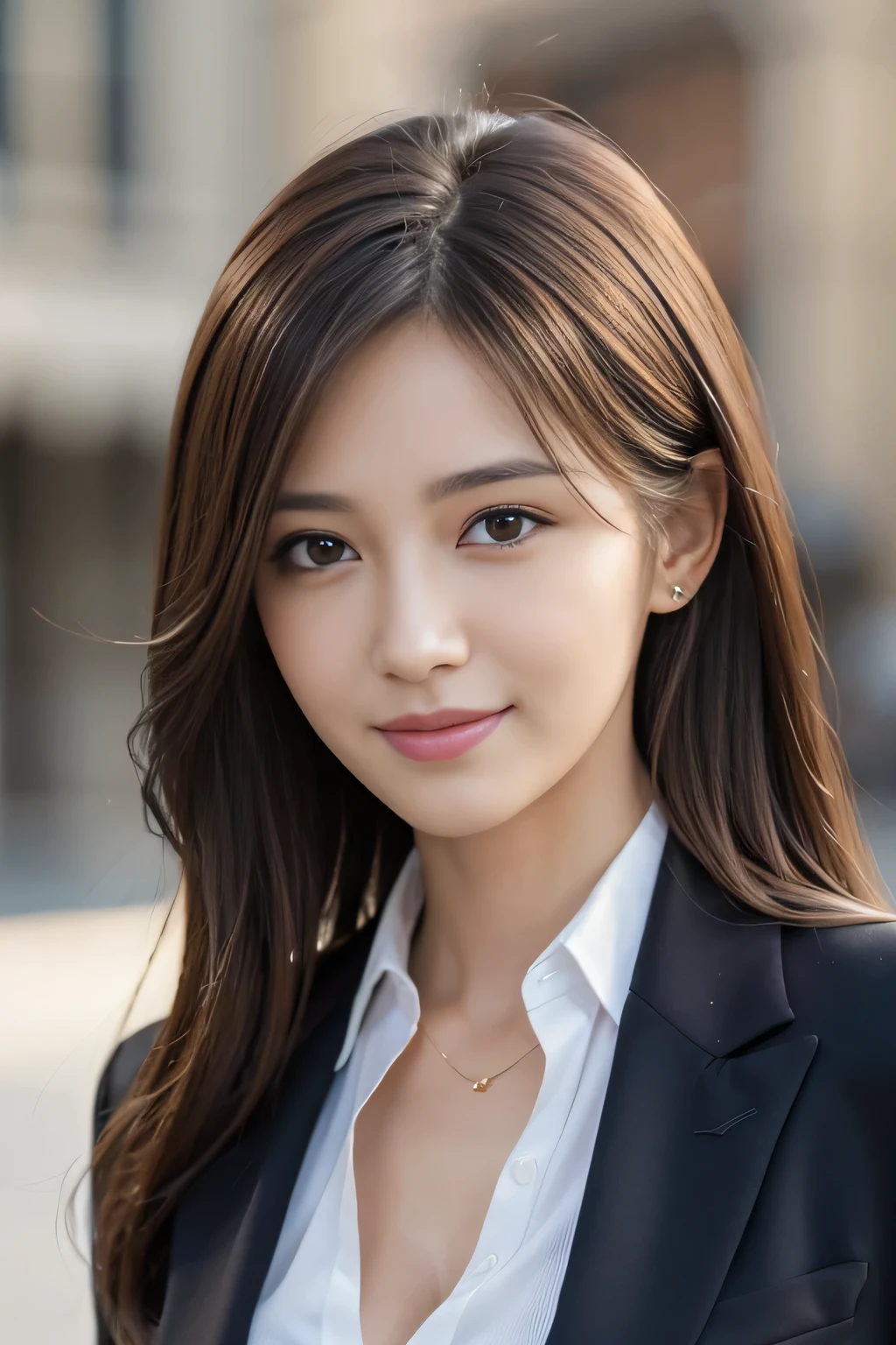 masutepiece, Best Quality, Photorealistic, Ultra-detailed, finely detail, High resolution, 8K Wallpaper, 1 beautiful woman,, light brown messy hair, in a business suit, foco nítido, Perfect dynamic composition, Beautiful detailed eyes, detailed hairs, Detailed realistic skin texture, Smiling, Close-up portrait, Model body type