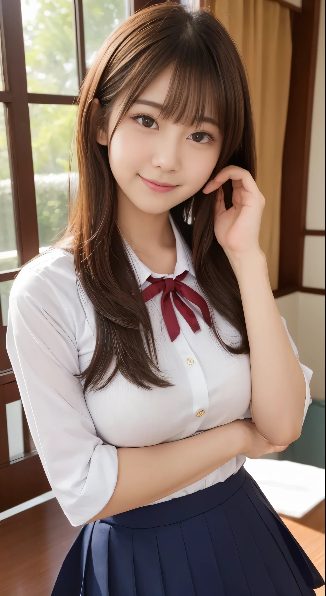 (Best Quality,8K,Raw photo,Realistic,High resolution:1.2),(cute Japanese girls),(Huge breasts:1.20),(Slim body、A slender、Naughty body),(Japan High School School Uniform),(school classrooms),(18year old、difficult、Takamine Flower、Brown hair、Short Bob、Male classmate POW、The presence of idoleautiful Realistic Asians:1.5、tenderness)、Professional、ssmile、Fucking、raise your chest with your hands