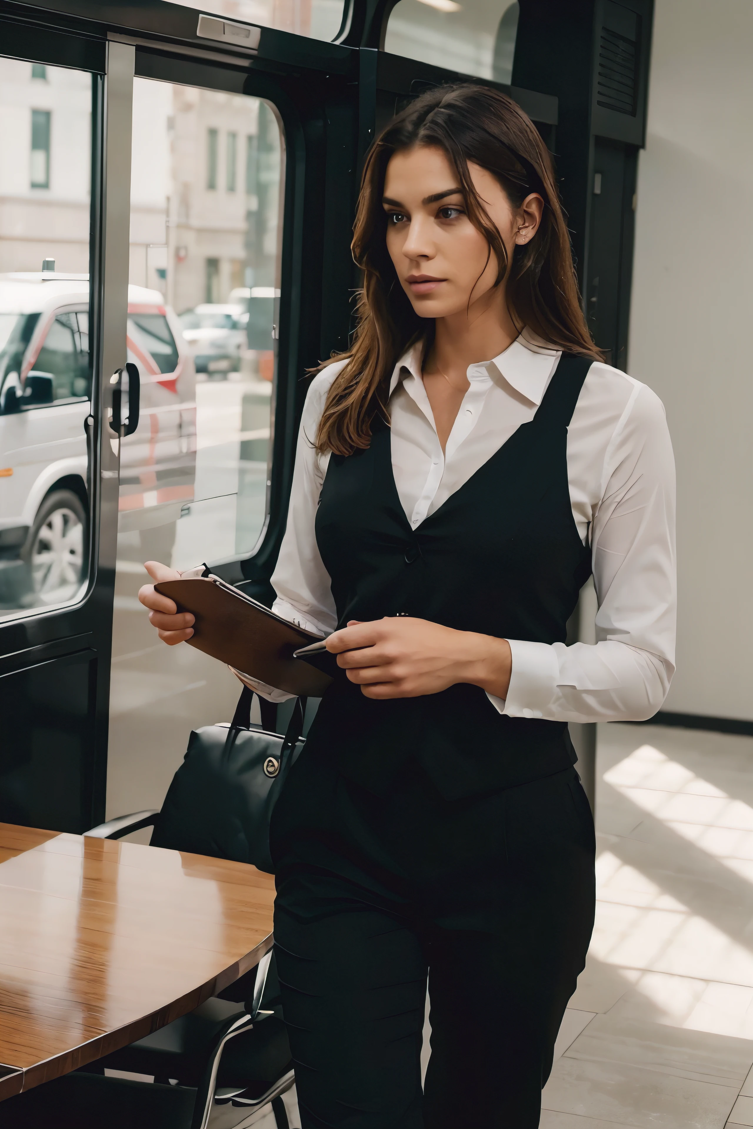 Emasculate, dominant confident man with that huge shoulders well tamper with the bus cut haircut wearing a black suit walking into the meeting as well as people sitting in the table