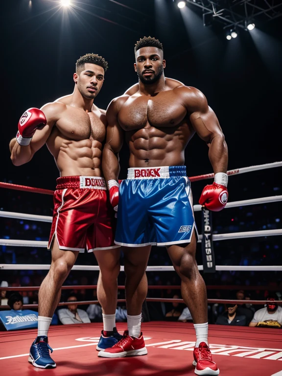 8K,(8K分辨率),Boxing ring match scene,Two muscular black men, A boxer wearing red shorts and red shoes,The other one was wearing blue shorts, blue boxing gloves and blue shoes.,Everyone is neatly dressed,Make a shining debut,The two of them are very domineering,cool guy,sexy for, Bright and attractive eyes,malancholic look,Dark skin, Smooth and shiny,chest muscle,chest hair body hair,Big breastarechested,茂密的chest hair body hair, White color full body photo,Large bumps visible,Good quality,profesional lighting,professional photoshooting,real photograph,realistic model,photorealistic art