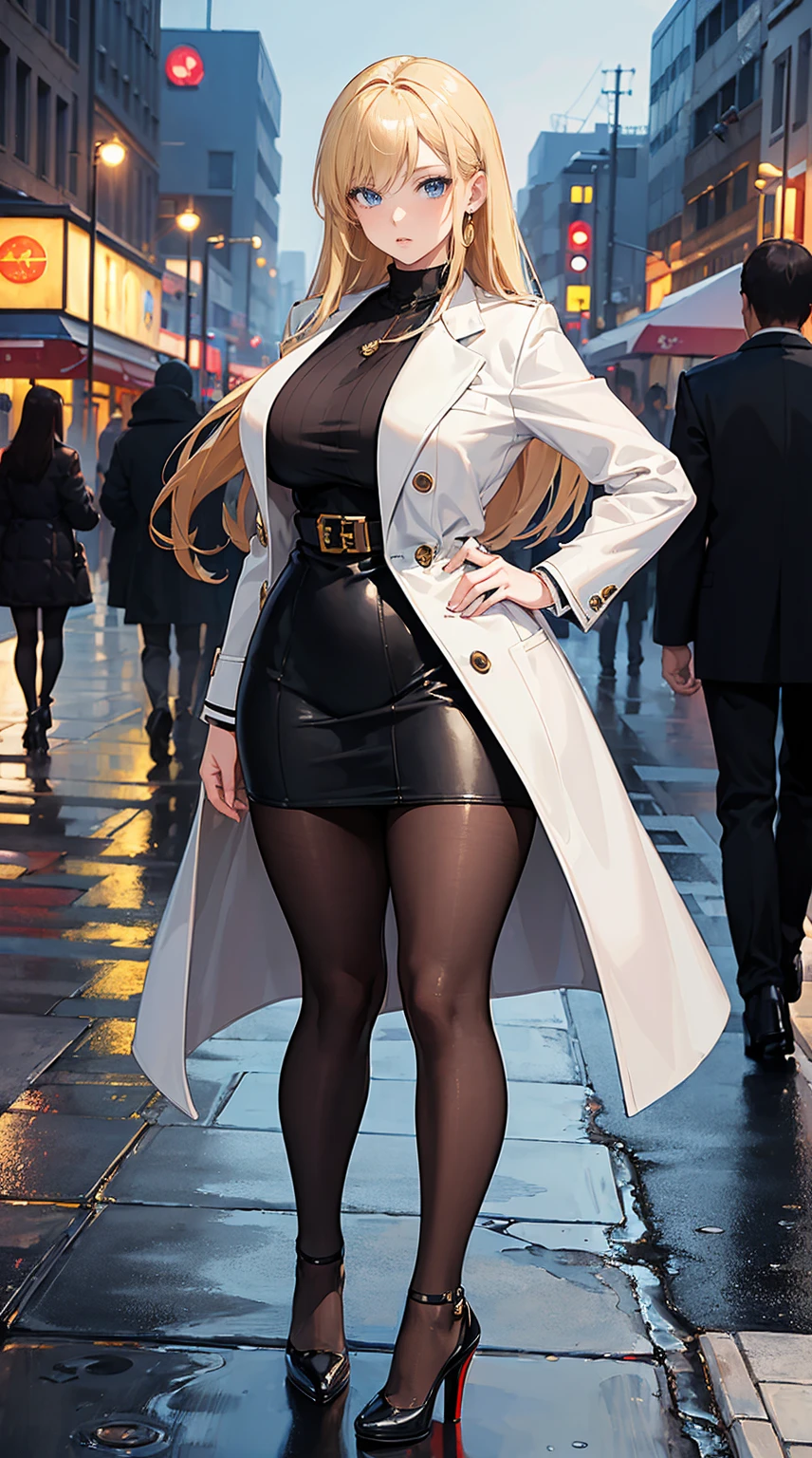 ((masterpiece, high resolution, best quality, best details, anime)), a mature woman standing on the street, winter coat, black pantyhose, pumps platform high heels, short skirt, long hair, blonde hair, blue eyes, cityscape, rain, at night, curvy body,