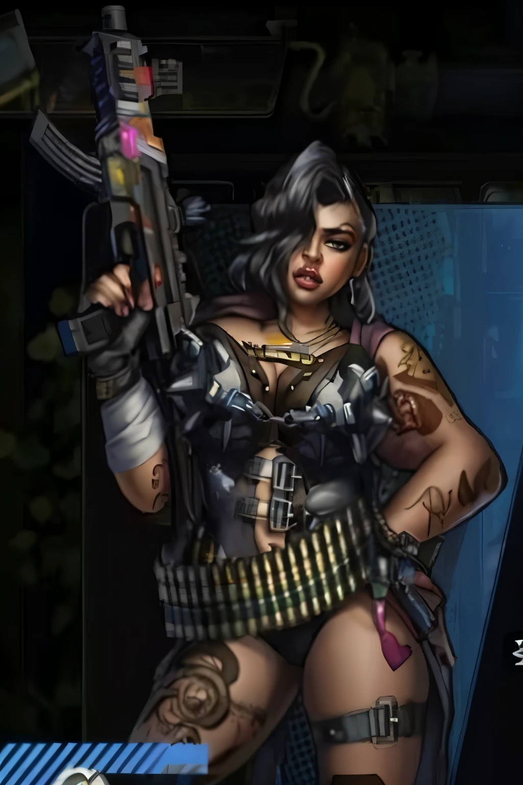 Close-up of a man holding a gun and gun, diesel punk female, shadowrun character art, Katana Zero video game character, cyberpunk femme fatale, cyberpunk judy alvarez, cyberpunk angry gorgeous goddess, 一位黑人diesel punk female, shadowrun splatter art, like a mechanical lady, character art《Contra》, brown tanned skin, cyberpunk jackie welles