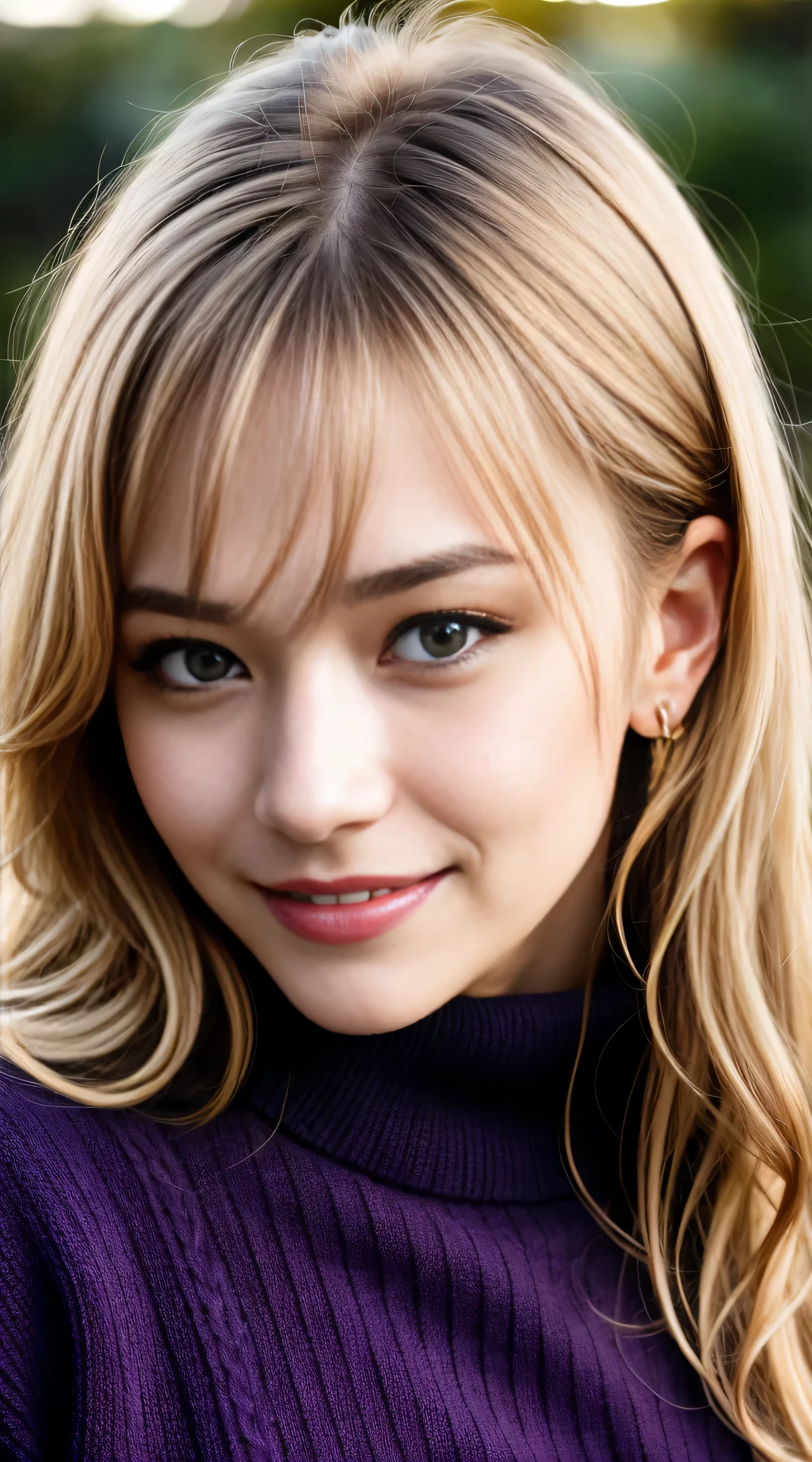 (Helena Lovista)美しい女性の見事なa picture, 30-years old, Perfect Fit Body, big Black eyes, long messy blond hair, Beautiful blonde with dark eyes in a purple sweater), Very detailed, 24 years old, Innocent face, Natural wavy hair, Black eyes, hight resolutionであり, masutepiece, Best Quality, Intricate details, Highly detailed, Sharp Focus, Detailed skin, Realistic, Texture, Detailed eyes, Professional, 4K, へにょへにょしたA smile, Perfect Fit Body, Extremely detailed, a picture_\(Ultras\), photoRealistic, Realistic, Post-processing, Maximum Detail, Roughness, Real life, Ultras Realistic, Photorealism, a picture化, 8K UHD, a picture化 ,Hair ribbons, agnes cecile, portlate, extremely luminous bright design, PastelColors, (inky:1.3), autumn lights,  perfect  eyes, Perfect iris，Perfect lips，perfect teeth、​masterpiece, 最hightquality, hightquality, hight resolution、portlate、A smile