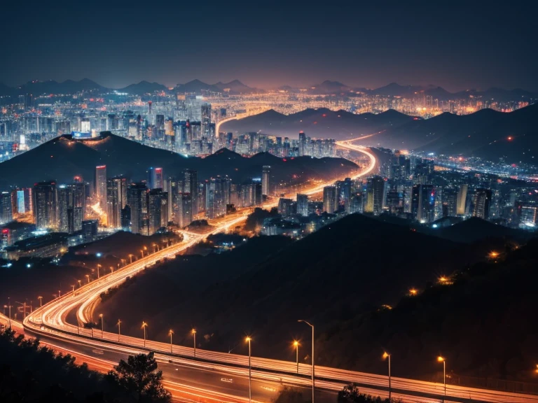 Korea Seoul on a slightly higher hill Road in the foreground I can see the city in the background Street lights are shining After Dark It's a little dark and foggy natta very beautiful scenery 8K Top image quality masterpiece