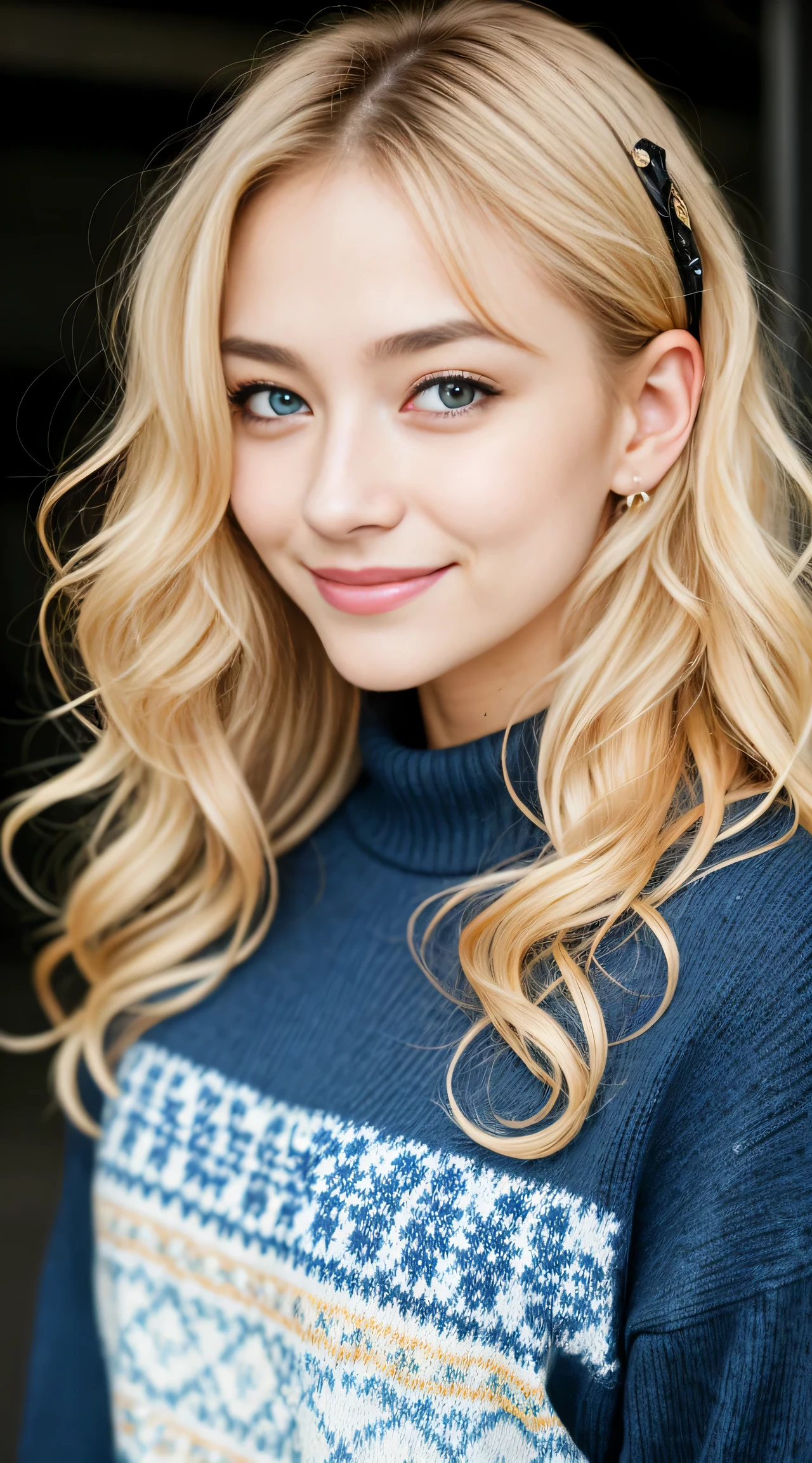 (Helena Lovista)美しい女性の見事なa picture, 30-years old, Perfect Fit Body, big Black eyes, long messy blond hair, (Beautiful blonde with dark eyes wearing a light blue sweater), Very detailed, 24 years old, Innocent face, Natural wavy hair, Black eyes, hight resolutionであり, masutepiece, Best Quality, Intricate details, Highly detailed, Sharp Focus, Detailed skin, Realistic, Texture, Detailed eyes, Professional, 4K, へにょへにょしたA smile, Perfect Fit Body, Extremely detailed, a picture_\(Ultras\), photoRealistic, Realistic, Post-processing, Maximum Detail, Roughness, Real life, Ultras Realistic, Photorealism, a picture化, 8K UHD, a picture化 ,Hair ribbons, agnes cecile, portlate, extremely luminous bright design, PastelColors, (inky:1.3), autumn lights,  perfect  eyes, Perfect iris，Perfect lips，perfect teeth、​masterpiece, 最hightquality, hightquality, hight resolution、portlate、A smile、Blonde curly hair
