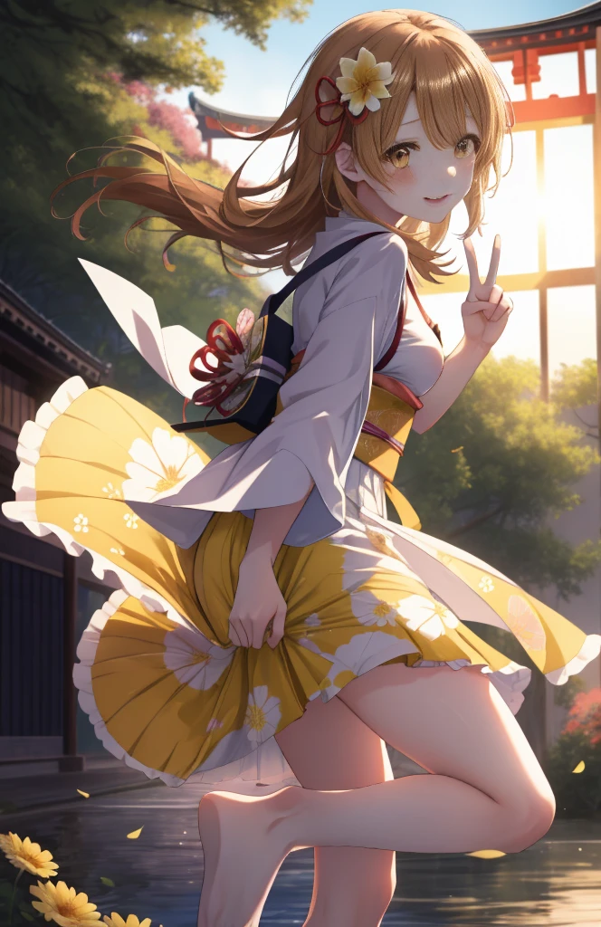 masutepiece, High quality, Best Quality, High resolution, 4K, High Definition, Beautiful lighting,Highly detailed face, well-drawn hands, well-drawn legs,well-drawn feet,well-drawn eyes,1girl in, iroha, Brown hair, The long-haired, Hair tied back,Flower hair ornament,yellow kimono,Furisode,long skirt,Zuri,shrines,Sunrise, Smiling , red lines under eyes, Close both eyes, girl peace pose, girl peace sign, (((from the front side))) ,medium breasts