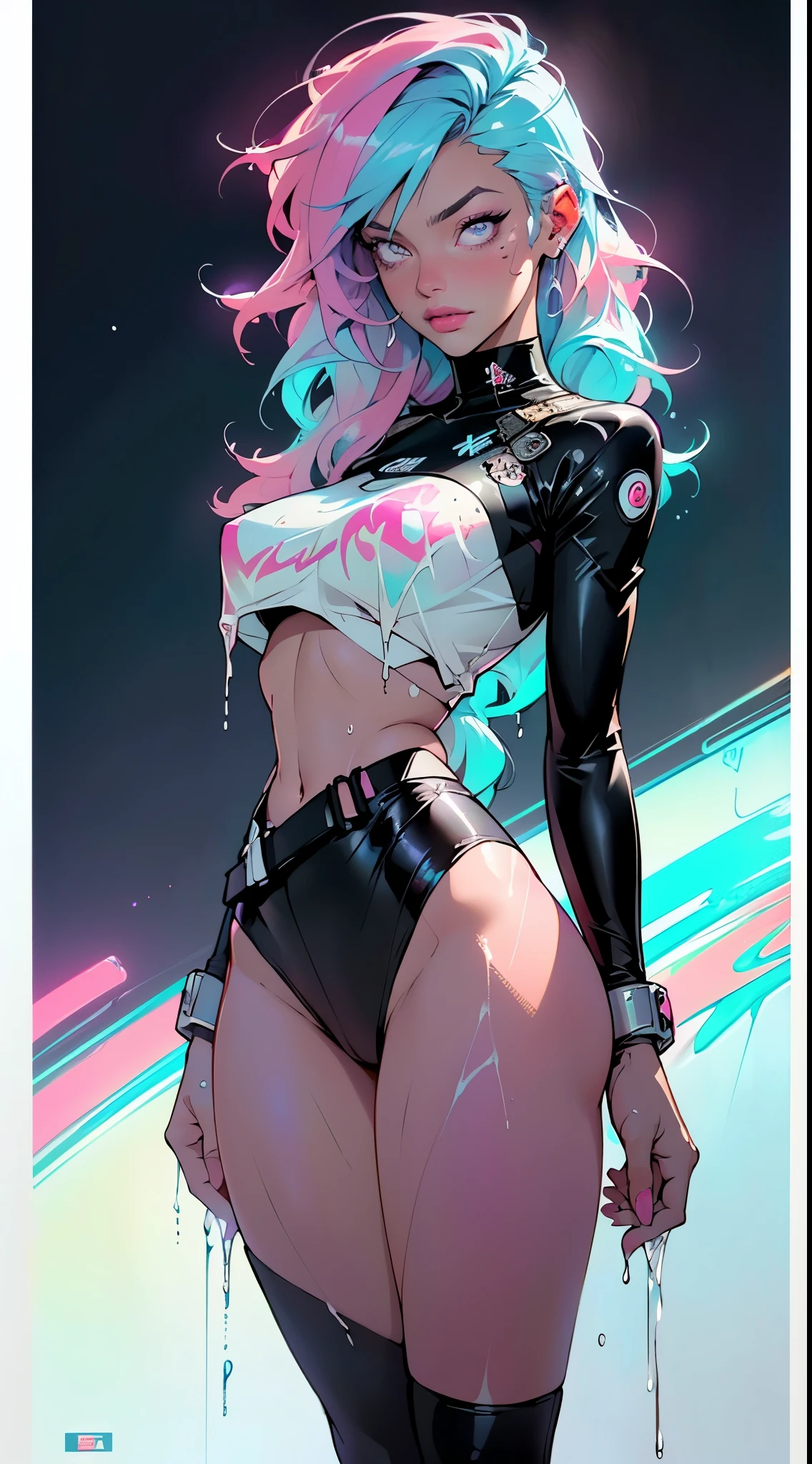 cute cartoon girl,(((1girl))),((extremely cute cartoon girl with liquid paint hair)),
(large breasts:1.4),(((very long hair,absurdly long hair,hair down to the waist,liquid paint hair:1.1,neon purple hair|neon pink hair|neon blue hair|neon aqua hair|purple hair|fuchsia hair|fluorescent blue hair|amethyst hair|neon hair|bright pink hair :1.5,bright hair: 1.3,hair made of paint and defies gravity,thick flowing,paint splatter:1.3,shiny hair: 1.3,vibrant colored hair))),((heterochromia:1.5, (purple_eye and pink_eye))),intricate eyes,beautiful detailed eyes,symmetrical eyes,((fat)),(((lustrous skin:1.5,bright skin: 1.5,skin tanned,shiny skin,very shiny skin,shiny body,plastic glitter skin,exaggerated shiny skin,illuminated skin,wet legs))),(spider lower abdomen,narrow waist,wide hip,athletic body,inflated legs, thick thighs,detailed body,(detailed face)),
cute,slutty,seductive,erotic,(nsfw)
(((liquid paint clothes,clothes made of liquid paint,body paint))),underboob,with liquid paint micro clothes,body paint,dripping paint,liquid pain tiny thong,bare legs,((wet liquid paint clothes,detailed outfit,detailed liquid paint clothes)),
(dynamic pose:1.0),solo focus,embarrassed,(centered,scale to fit dimensions,Rule of thirds),
cyberpunk city by the ocean at night, with bright neon signs and dark stormy clouds and puddles, scenery:1.25,nighttime, starry night, cosmos,Very dark night that makes the neon lights stand out, very bright neon lights,nighttime, starry night, cosmos,
artistic photography,(photography taken by sldr),highres, sharp focus,(ultra detailed, extremely detailed), (photorealistic artwork:1.37),(extremely detailed CG unity 8k wallpaper),((synthwave background theme)),(((vibrant colors))),intricate,(intricate background),(masterpiece),(best quality),perfect rendered face,perfect face details,realistic face,photo realistic,analog style,((intricate detail)),(((realism))),