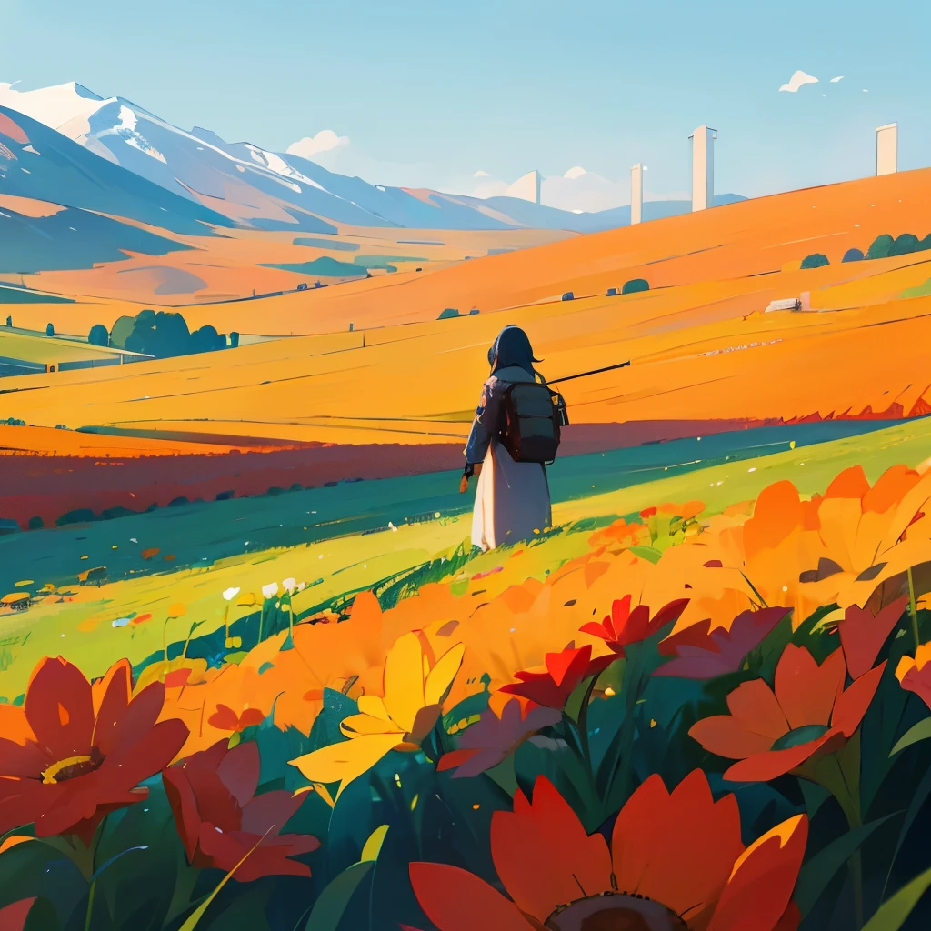 Cinematic, best quality, you are a traveler wandering a beautiful landscape, bright color palette, flowerfield