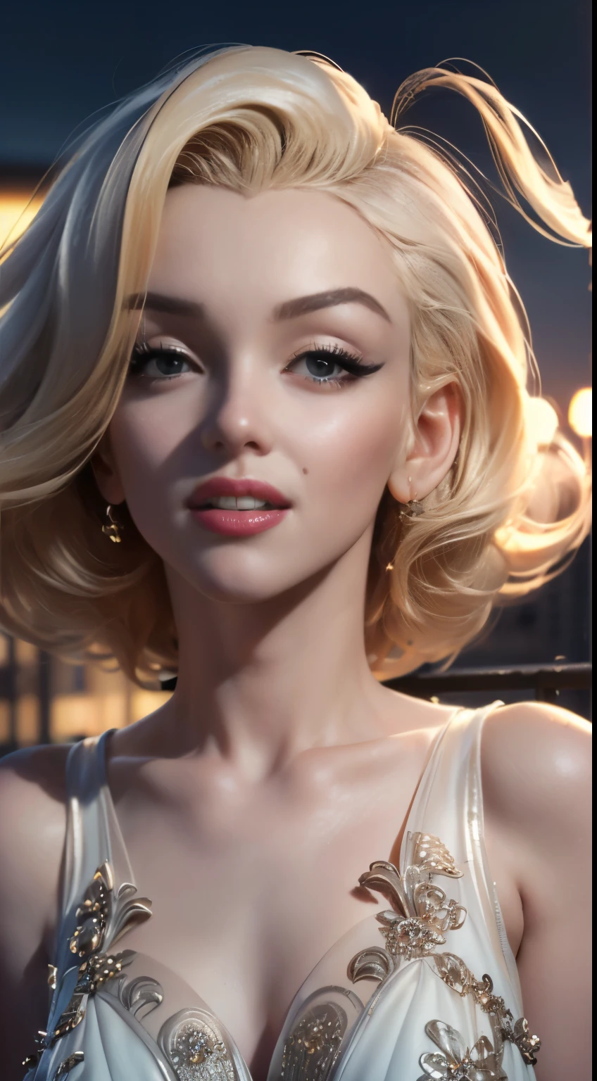 photo of Marilyn Monroe, RAW, beautiful woman, ((portrait)), ((detailed face:1.2)), ((detailed facial feature, detailed skin, clear skin), (perfect proportioned body), (wearing a wind blowing dress) (high detailed city environment, apartment balcony), (realistic photo, best quality, detailed), (8k wallpaper), (cinematic lighting, dramatic lighting) (sharp focus, intricate)