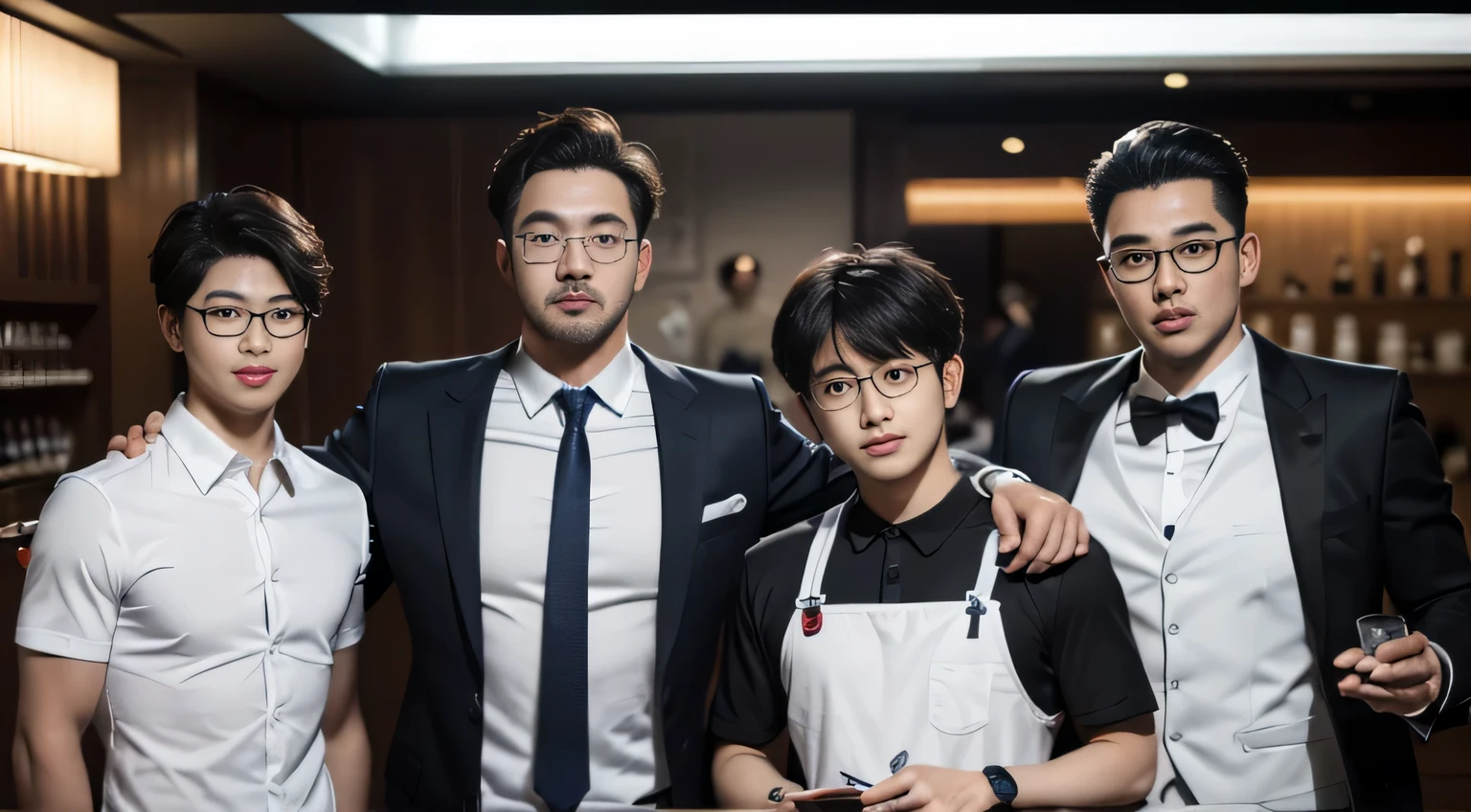 tmasterpiece: 1.2),(computer generated art:1.3),(actual:1.5),(Post-processing:1.3), (Focus Clear:1.3), 1人, (short sleeve tie suit), Young Koreans , Korean men, (high shadows detail), chest muscle, Big arm muscles, blood vessel, large muscle, broad shoulder, looking at viewert, wears glasses, nightclub, ports, cafe shop