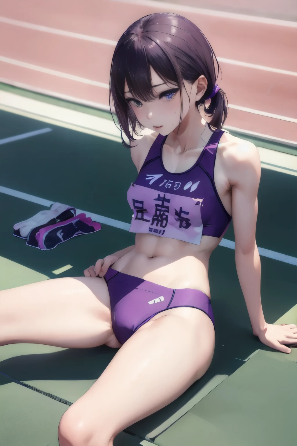 top-quality、hight resolution, purple sport bikini woman、Slender Line、Looks like a model, stadium、Sitting on the ground and opening legs、full of sweat、(Photo 1 seen from below:1)、