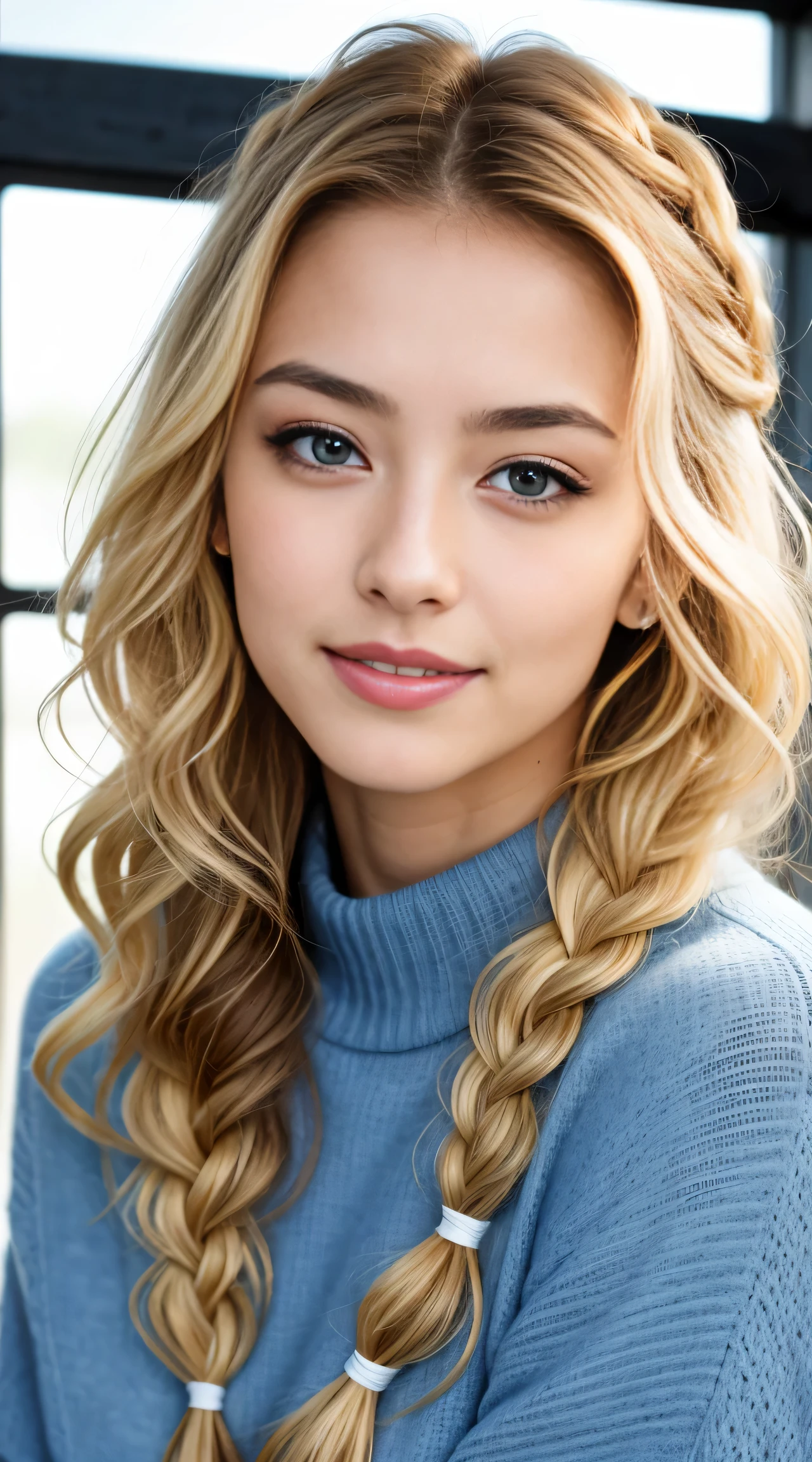 (Helena Lovista)美しい女性の見事なa picture, 30-years old, Perfect Fit Body, big Black eyes, long messy blond hair, (Beautiful blonde with dark eyes wearing a light blue sweater), Very detailed, 24 years old, Innocent face, Natural wavy hair, Black eyes, hight resolutionであり, masutepiece, Best Quality, Intricate details, Highly detailed, Sharp Focus, Detailed skin, Realistic, Texture, Detailed eyes, Professional, 4K, へにょへにょしたA smile, Perfect Fit Body, Extremely detailed, a picture_\(Ultras\), photoRealistic, Realistic, Post-processing, Maximum Detail, Roughness, Real life, Ultras Realistic, Photorealism, a picture化, 8K UHD, a picture化 ,Hair ribbons, agnes cecile, portlate, extremely luminous bright design, PastelColors, (inky:1.3), autumn lights,  perfect  eyes, Perfect iris，Perfect lips，perfect teeth、​masterpiece, 最hightquality, hightquality, hight resolution、portlate、A smile、(blonde braid curly hair)