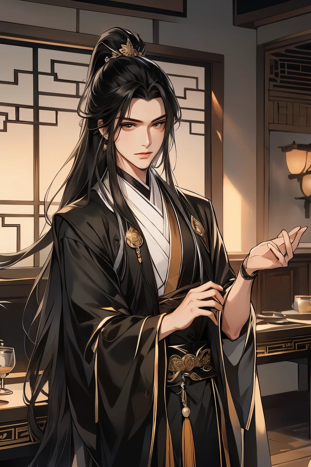 (Best quality at best,A high resolution,The image is clear:1.2),Black Hanfu的男子,the only person,Hanfu,Blackn clothes,,asian architecture interior,a sense of atmosphere,Dutch Angle Shot,gentlesoftlighting,Upper part of the body,Black Hanfu,longer sleeves,ssmile,dining room,Chinese furniture,Costume films,