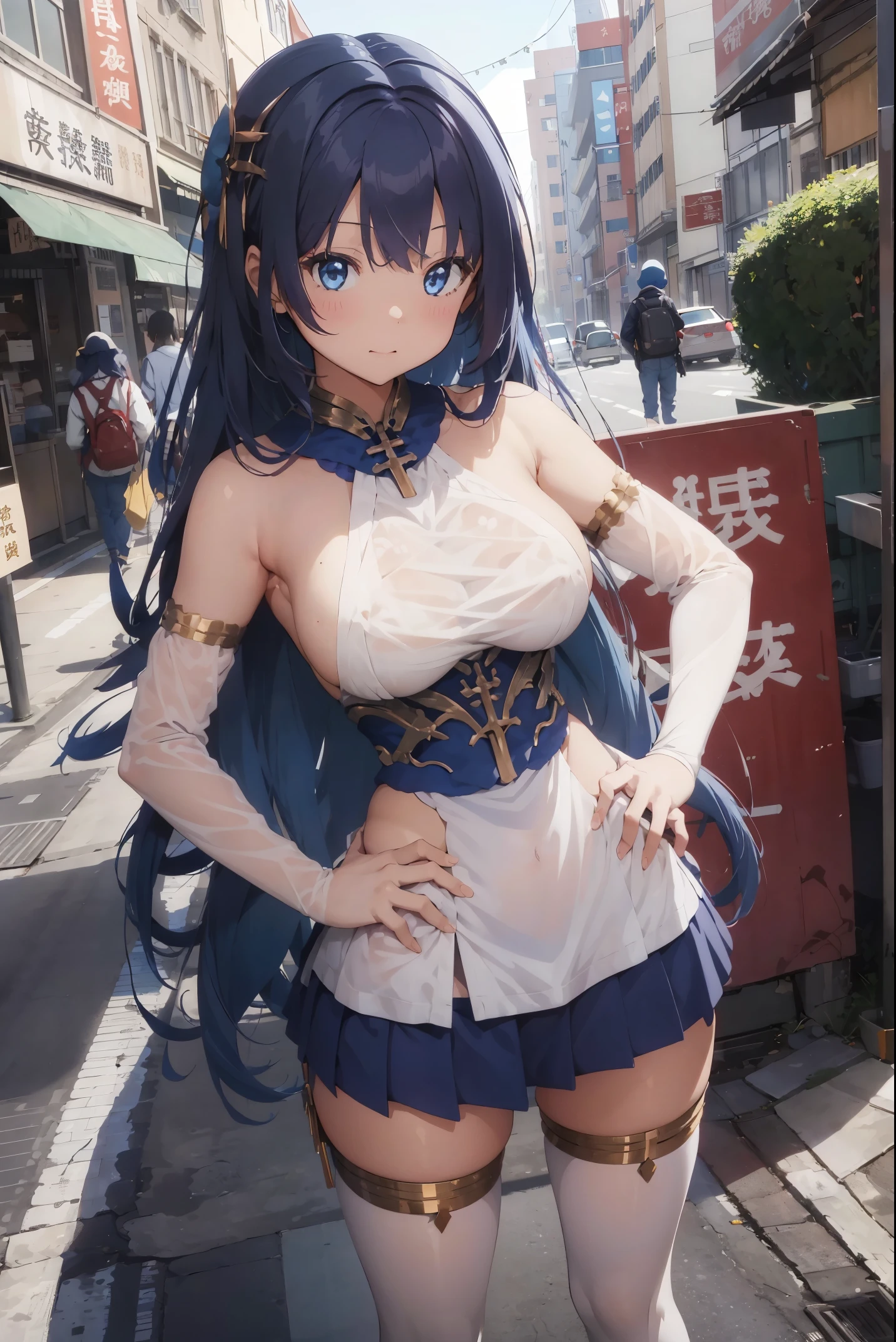tmasterpiece,1girll,独奏,long whitr hair,blue hairs,连bonnet衫,cropped shoulders:1.2,bonnet,the street,hand on hips,hand on pockets,Colossal tits