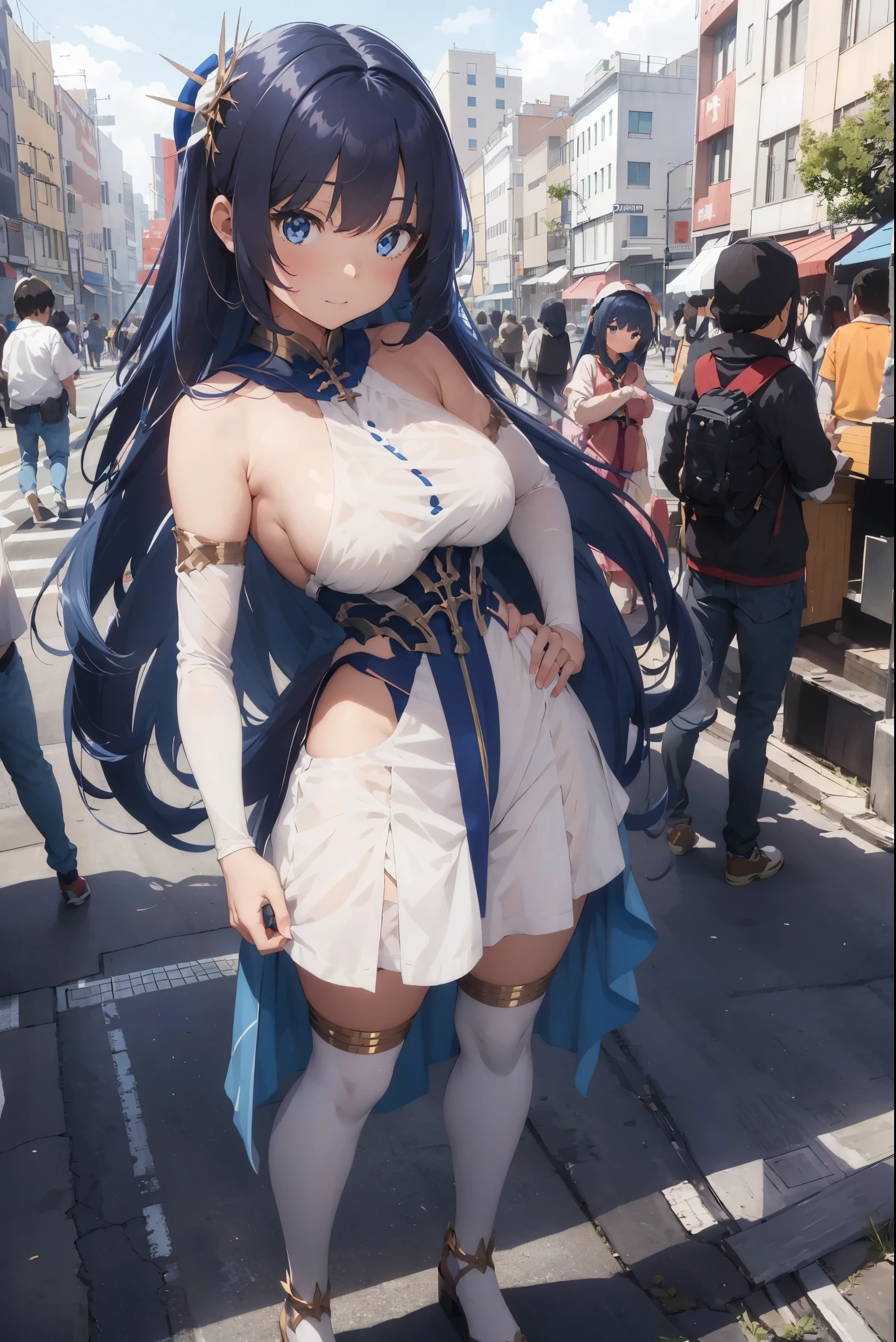 tmasterpiece,1girll,独奏,long whitr hair,blue hairs,连bonnet衫,cropped shoulders:1.2,bonnet,the street,hand on hips,hand on pockets,Colossal tits