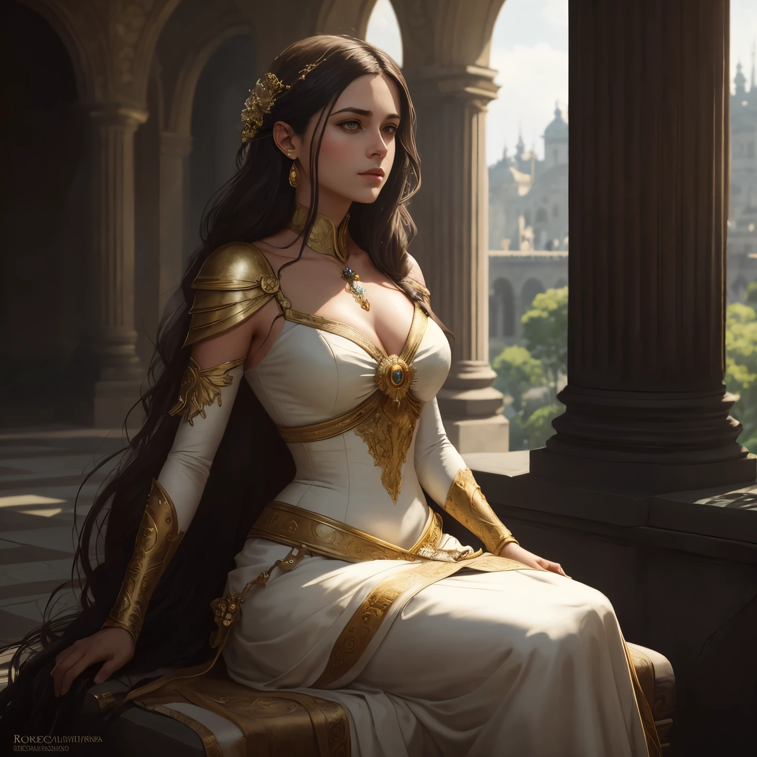 Portrait of a confident princess with long flowing hair, hazelnut eyes, usando joias de grife, Designer Coroa Real, Visible chest C-cup sitting in royal garden, palace background, Bokeh perfect composition, hiper-realista, super detalhado, 8k, alta qualidade, arte em alta, trending on ArtStation, foco nítido, detalhes intrincados, altamente detalhado, Arte de Greg Rutkowski