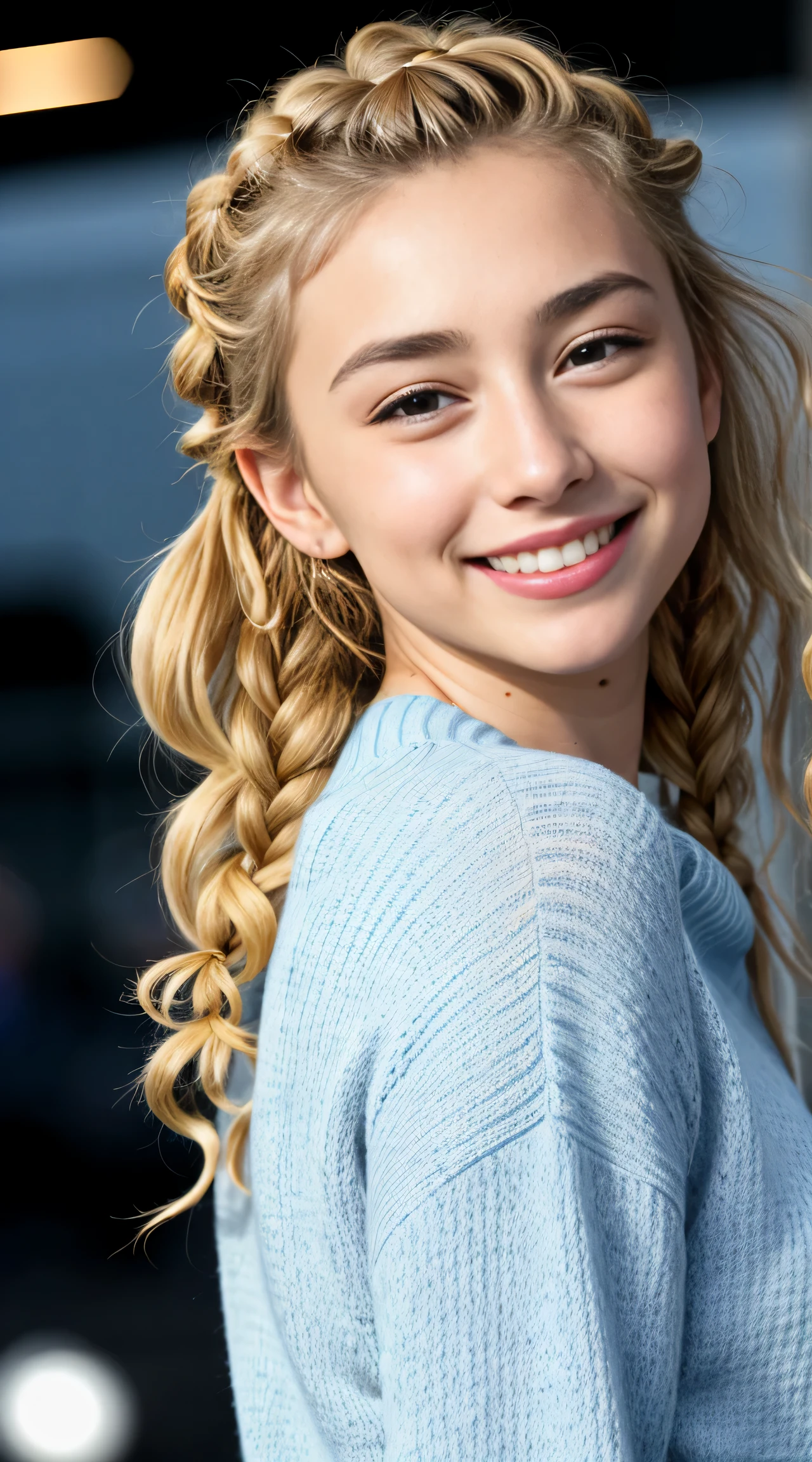 (Helena Lovista)美しい女性の見事なa picture, 30-years old, Perfect Fit Body, big Black eyes, long messy blond hair, (Beautiful blonde with dark eyes wearing a light blue sweater), Very detailed, 24 years old, Innocent face, Natural wavy hair, Black eyes, hight resolutionであり, masutepiece, Best Quality, Intricate details, Highly detailed, Sharp Focus, Detailed skin, Realistic, Texture, Detailed eyes, Professional, 4K, へにょへにょしたA smile, Perfect Fit Body, Extremely detailed, a picture_\(Ultras\), photoRealistic, Realistic, Post-processing, Maximum Detail, Roughness, Real life, Ultras Realistic, Photorealism, a picture化, 8K UHD, a picture化 ,Hair ribbons, agnes cecile, portlate, extremely luminous bright design, PastelColors, (inky:1.3), autumn lights,  perfect  eyes, Perfect iris，Perfect lips，perfect teeth、​masterpiece, 最hightquality, hightquality, hight resolution、portlate、A smile、(blonde braid curly hair)、(facial close-up)、