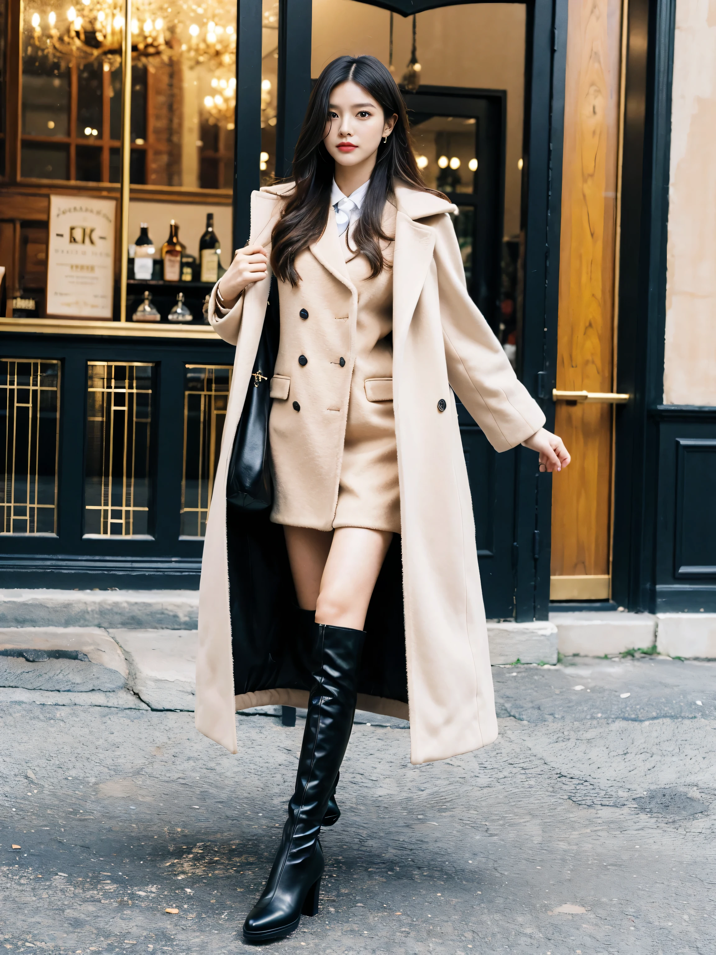 Best quality,tmasterpiece,超高分辨率,(actual:1.4),RAW photos,hyper HD,8K,There is one girl,Stylish clothes,Chanel style,Stylish skinny suit, Long coat,high-class fashion,ellegance, tigh-high boots,Over-the-knee boots,Casual pose,legs long