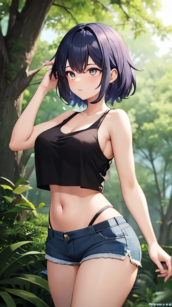 a girl descended from an ancient kingdom is wandering in the forest. she just walks and she only wears a tank top and shorts. she has a sexy body and a cute face.(Forest)(best quality)(attractive outfit)(sexy)(detailed)