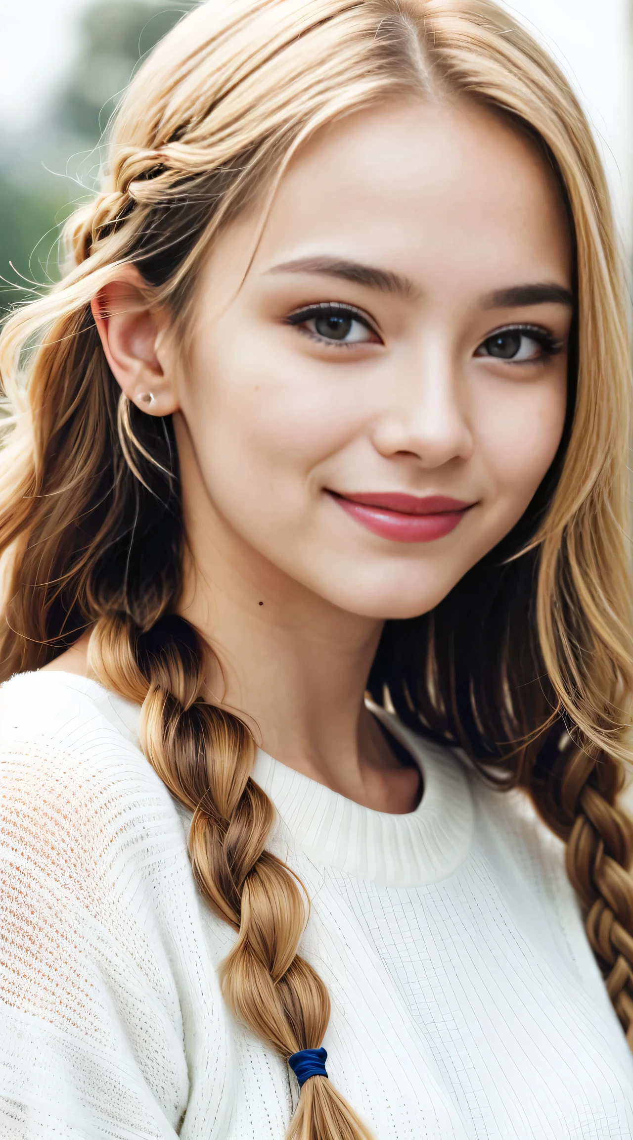 (Helena Lovista)美しい女性の見事なa picture, 30-years old, Perfect Fit Body, big Black eyes, long messy blond hair, (Beautiful blonde with dark eyes in a blue sweater), Very detailed, 24 years old, Innocent face, Natural wavy hair, Black eyes, hight resolutionであり, masutepiece, Best Quality, Intricate details, Highly detailed, Sharp Focus, Detailed skin, Realistic, Texture, Detailed eyes, Professional, 4K, へにょへにょしたA smile, Perfect Fit Body, Extremely detailed, a picture_\(Ultras\), photoRealistic, Realistic, Post-processing, Maximum Detail, Roughness, Real life, Ultras Realistic, Photorealism, a picture化, 8K UHD, a picture化 ,Hair ribbons, agnes cecile, portlate, extremely luminous bright design, PastelColors, (inky:1.3), autumn lights, perfect eyes, Perfect iris,Perfect lips,perfect teeth、masterpiece, 最hightquality, hightquality, hight resolution、portlate、A smile、(Blonde braids curly high shear closeup)、