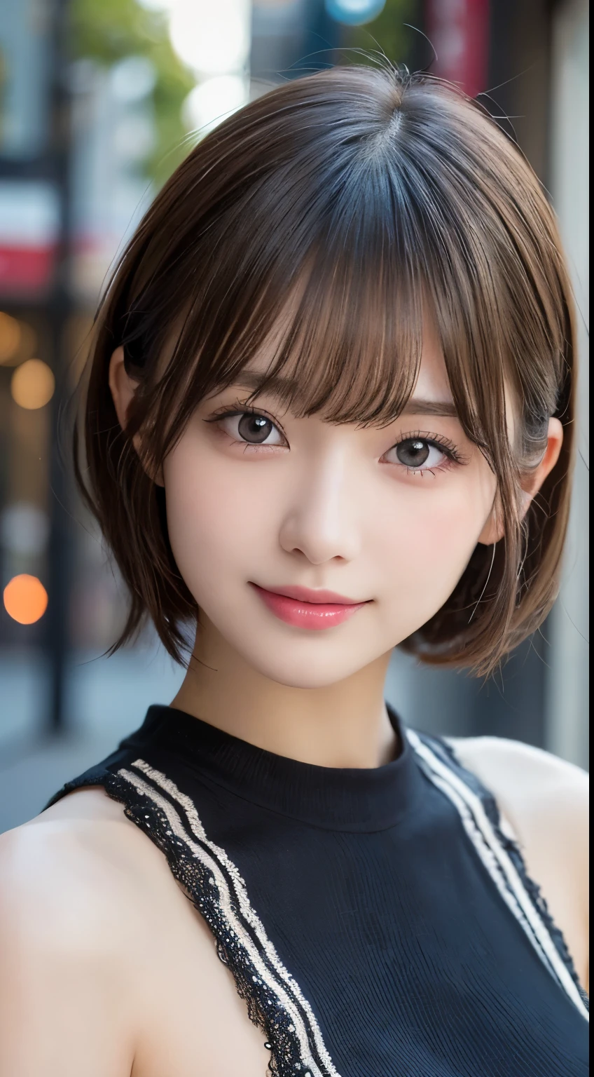 masutepiece, Best Quality, Illustration, Ultra-detailed, finely detail, hight resolution, 8K Wallpaper, Perfect dynamic composition, Beautiful detailed eyes, Women's Fashion,Very short hair,Small breasts natural color lip, Bold sexy poses,Smile,Harajuku、20 years girl、Cute、Sexy shot looking at camera