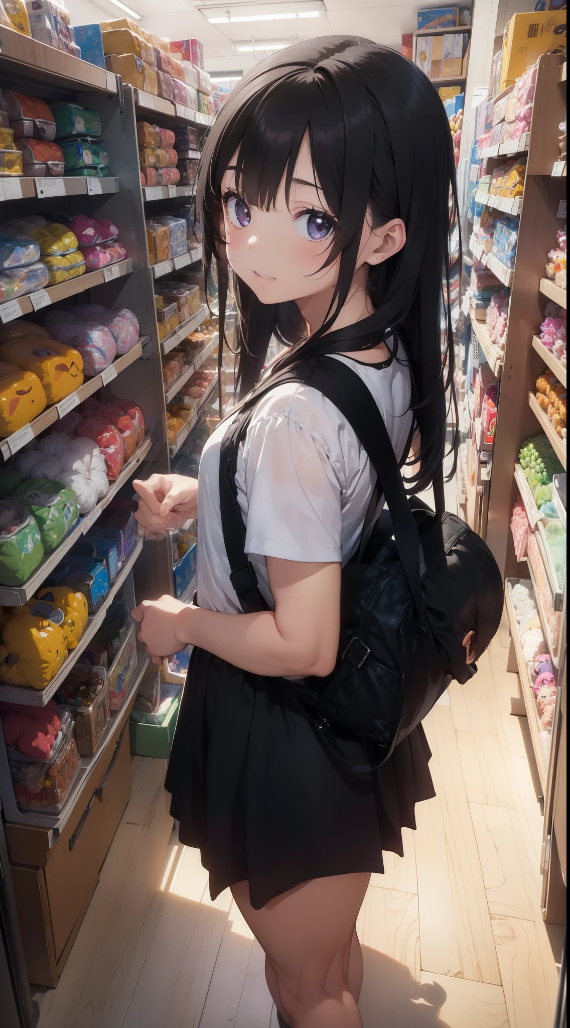 (masterpiece, top quality, best quality, official art, beautiful and aesthetic:1.2), (1girl:1.3), extreme detailed,colorful,highest detailed, from above, solo, 1girl standing in a store with lots of stuffed animals on the shelves and a bag of stuff, depth of field, fisheye lens, perfect hands