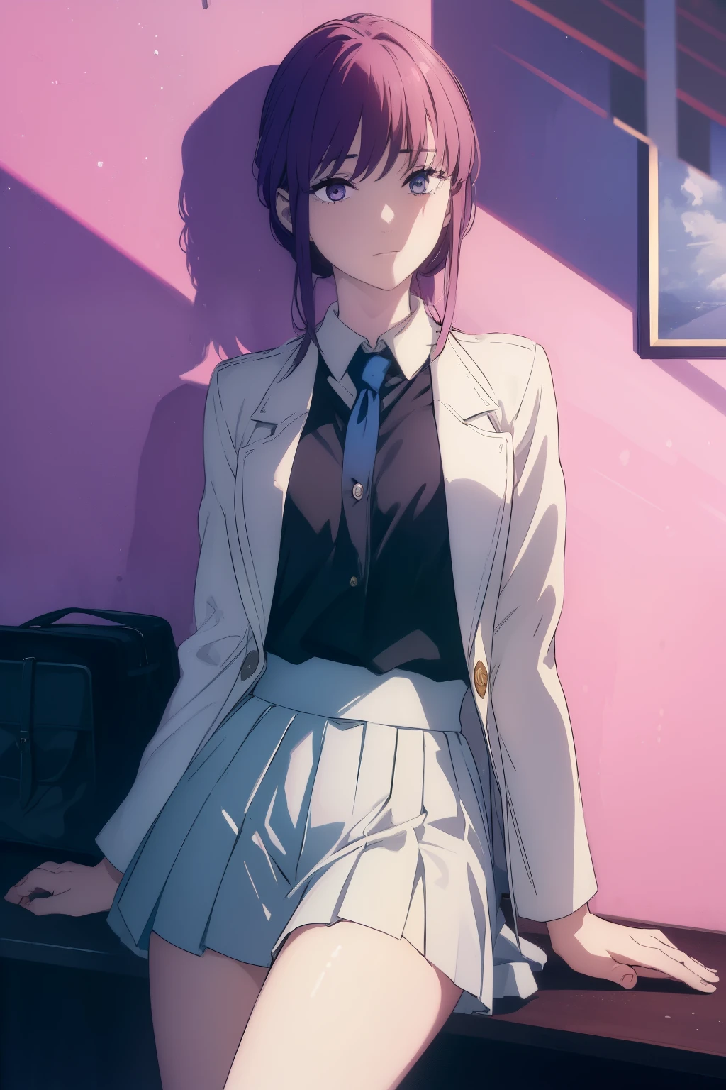 ((((Obra maestra, La mejor calidad, ultrahigh resolution)))), ((perfect anatomy)), 1girl, wearing pleated skirt, wearing white blazer, hair tied back, purple